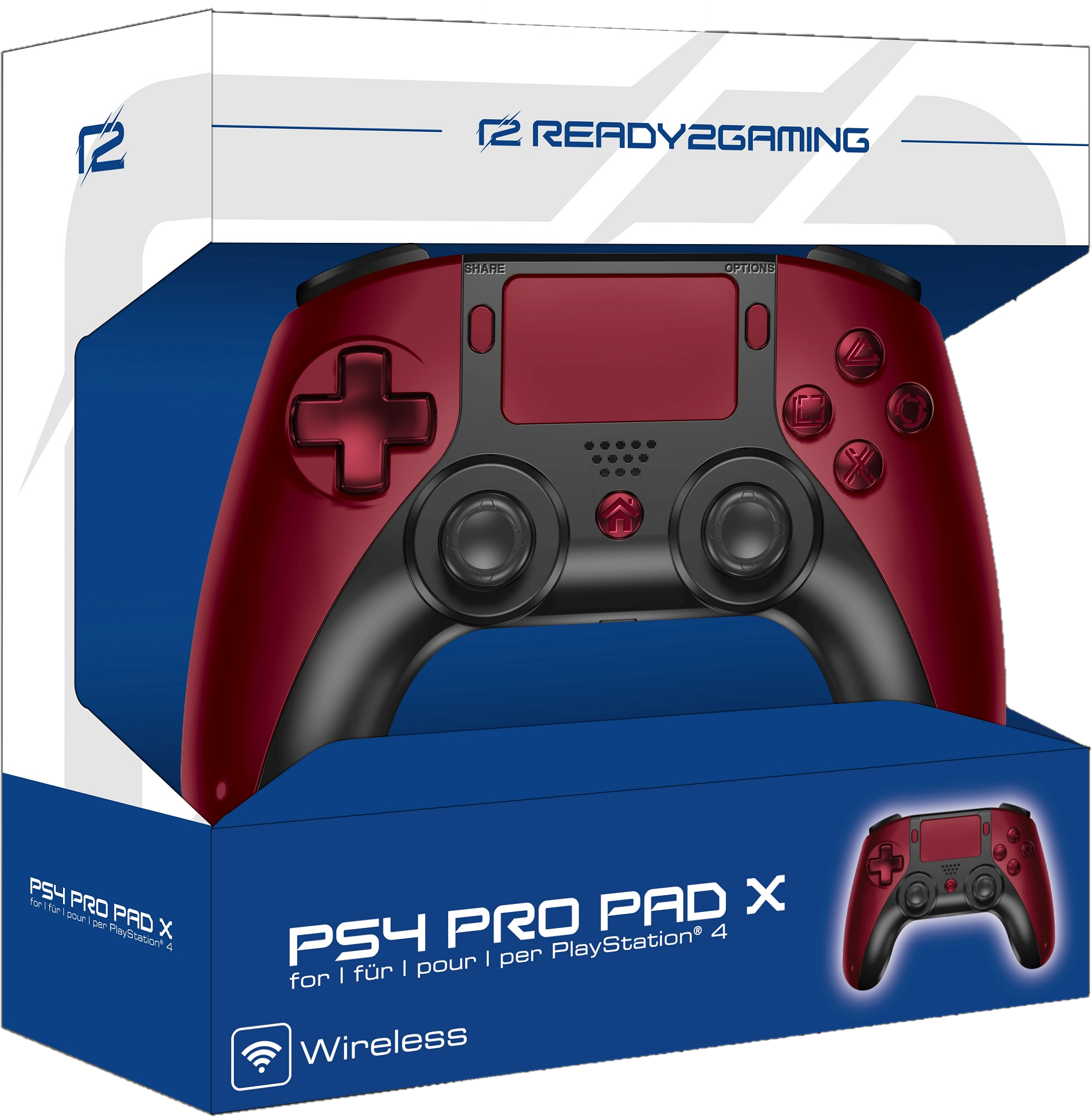 Ein rot-schwarzer PS4 Pro-Controller in seiner Box, die Box zeigt auch Controller-Bild.