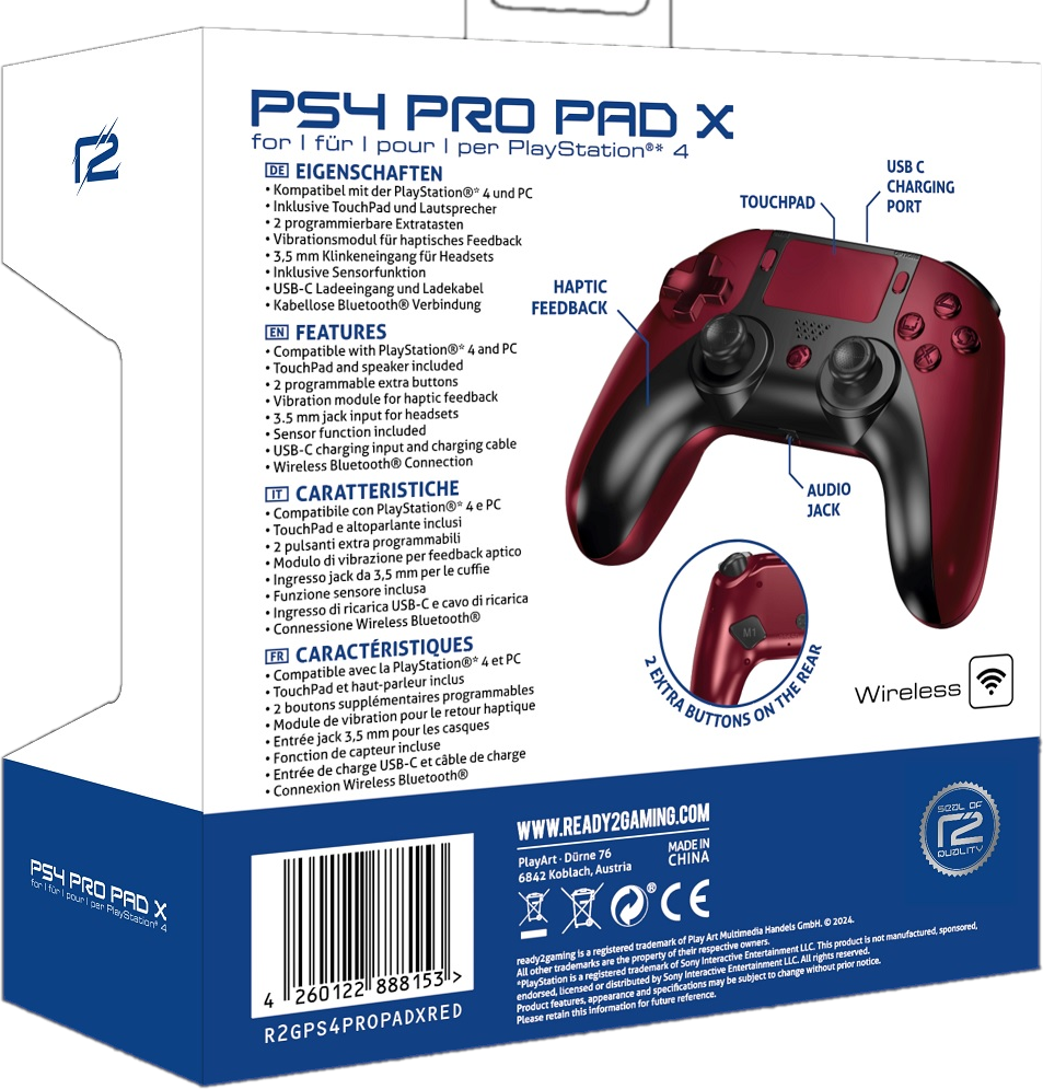 Eine Schachtel PS4 Pro Pad X mit Funktionsdetails und einem Bild des Gamepads.