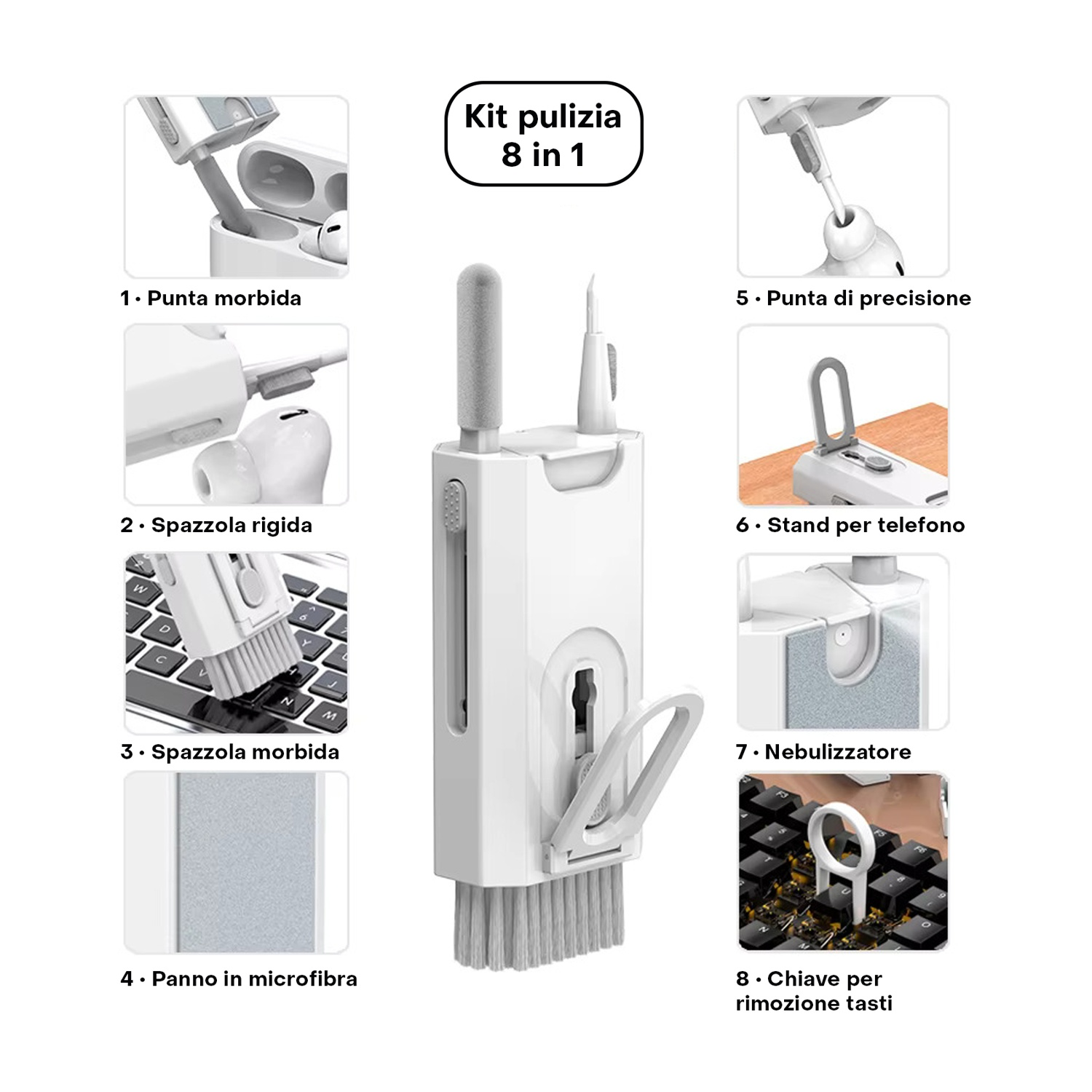 Un kit di pulizia bianco per elettronica. Contiene 8 strumenti: spazzole, tamponi e un supporto.