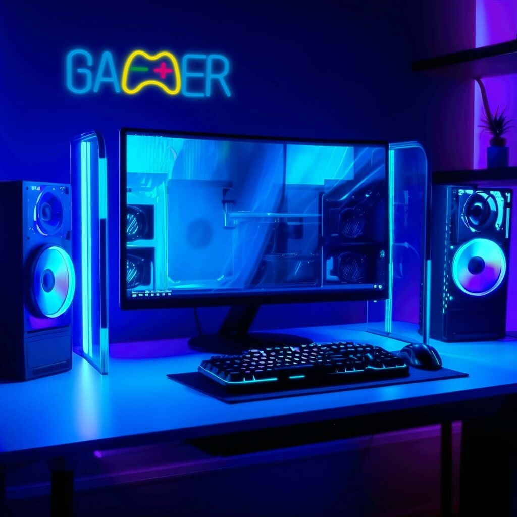 Konfiguracja do gier z neonem, monitorem, głośnikami, klawiaturą i myszą na niebieskiej powierzchni.