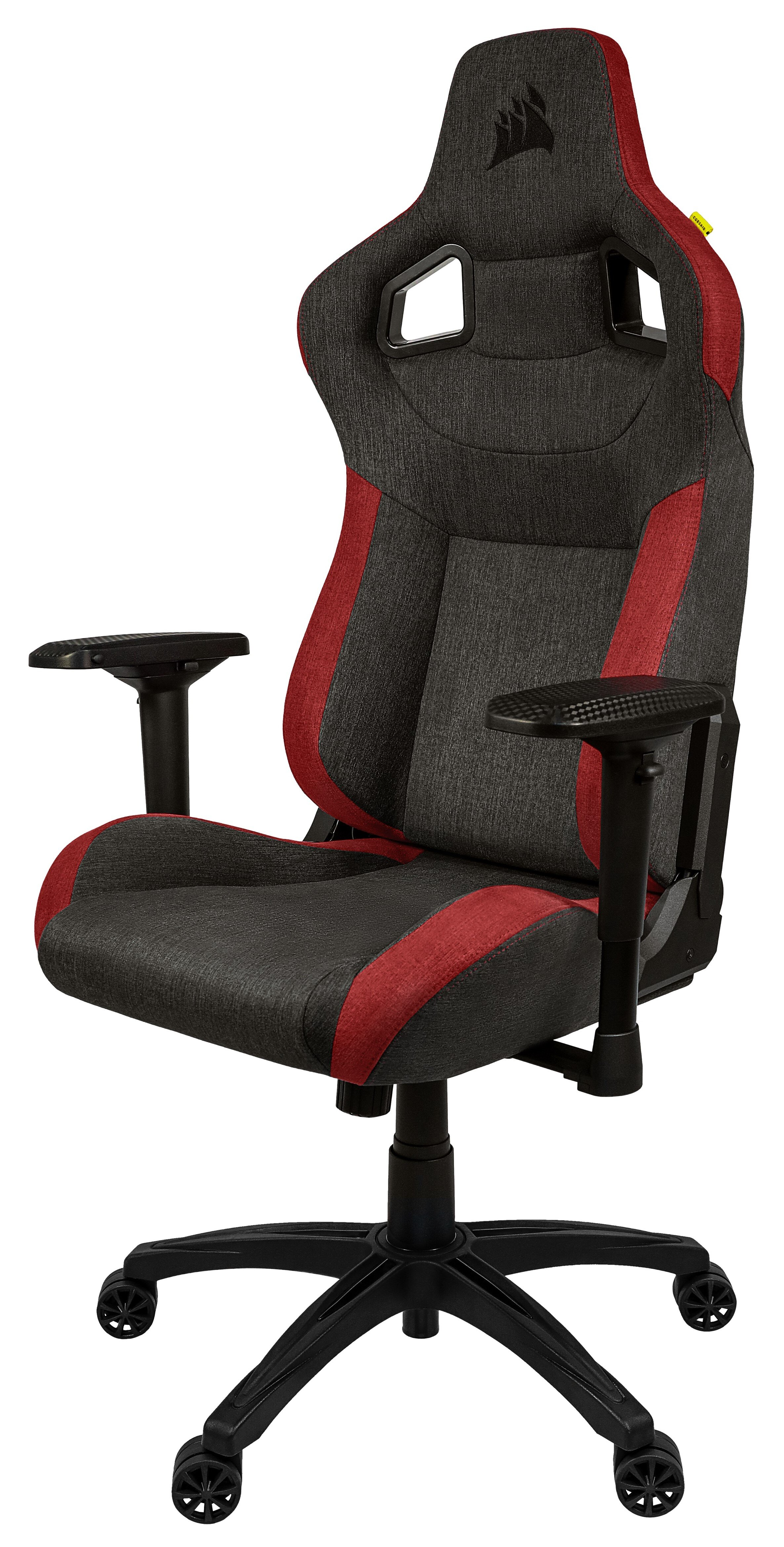 Czarny i szary fotel gamingowy z czerwonymi akcentami, na białym tle.