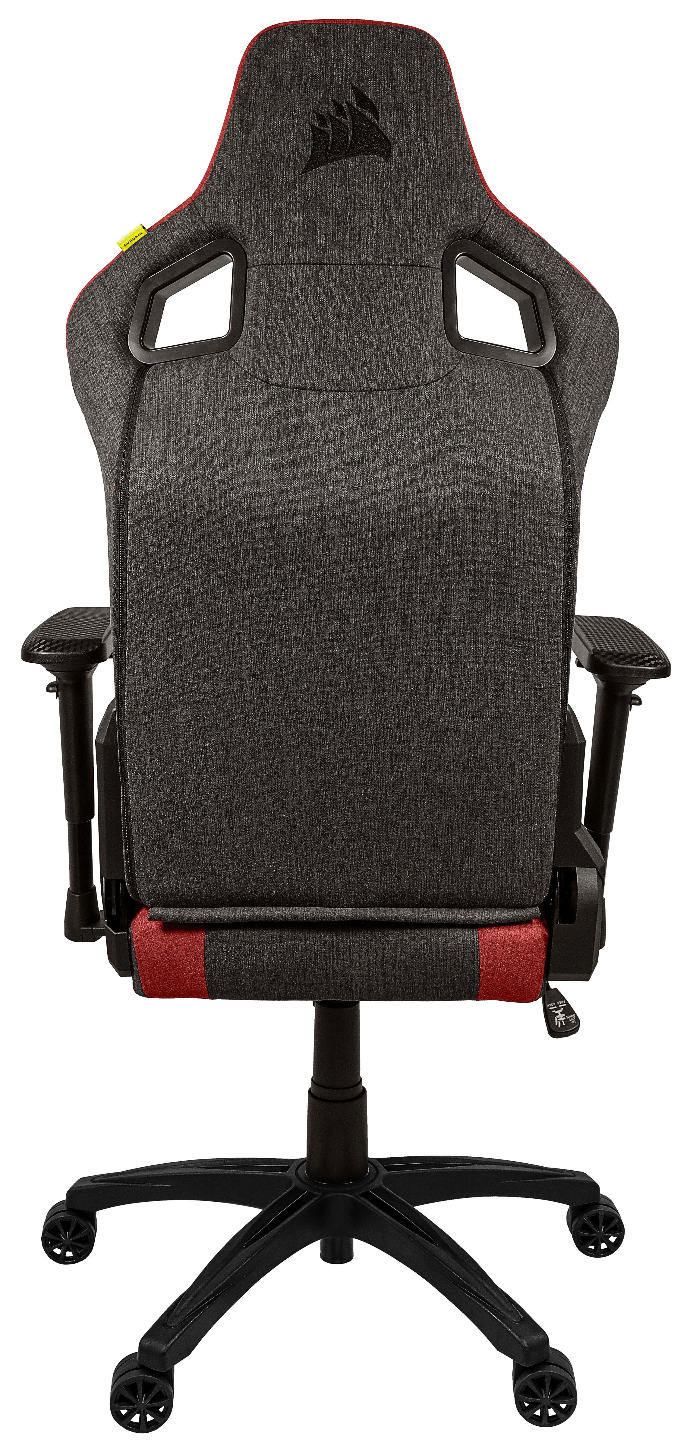 Szary fotel gamingowy z czerwonymi akcentami. Oparcie ma logo Corsair i jest pochylone.