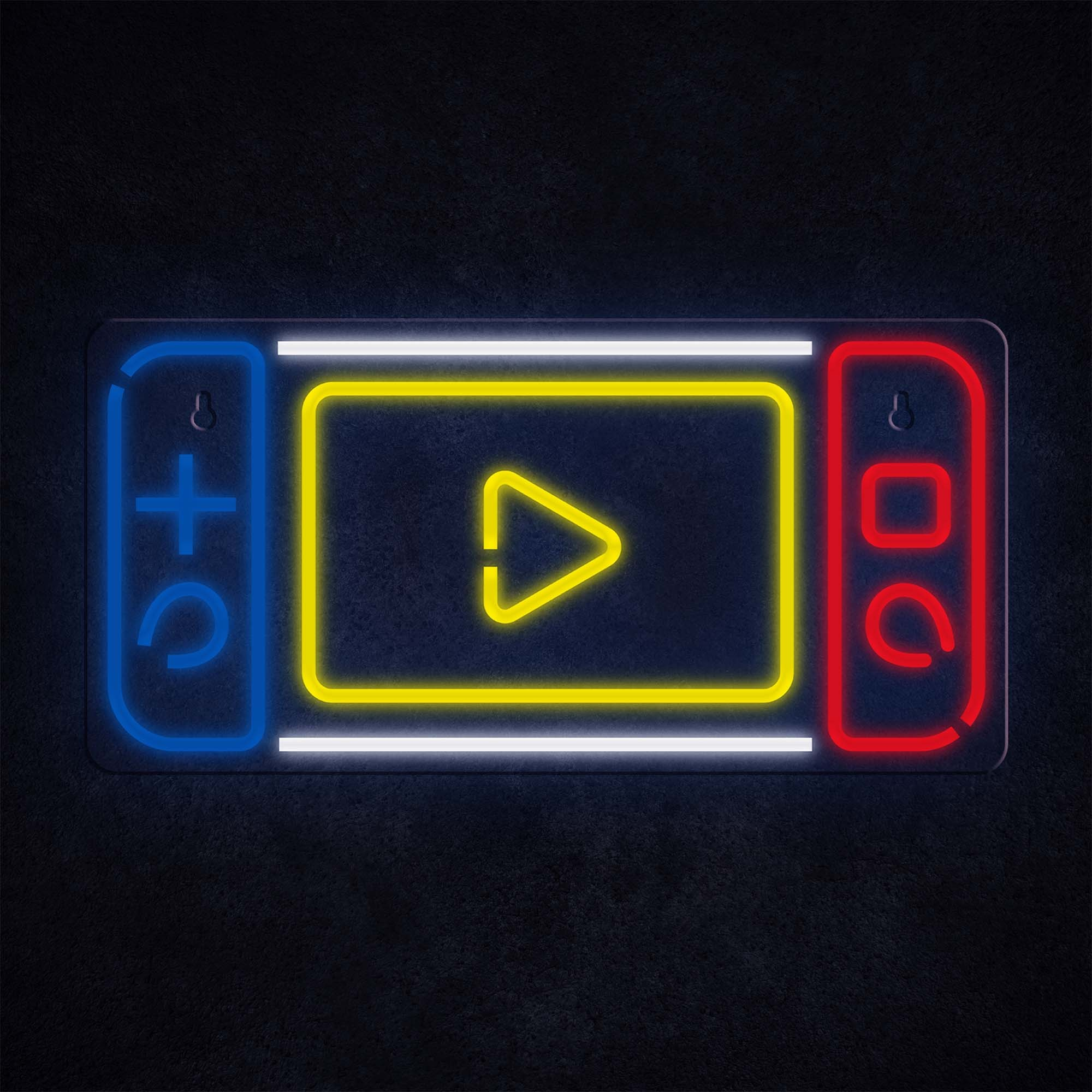 Neonowy znak w kształcie kontrolera do gier w kolorach niebieskim, żółtym i czerwonym.