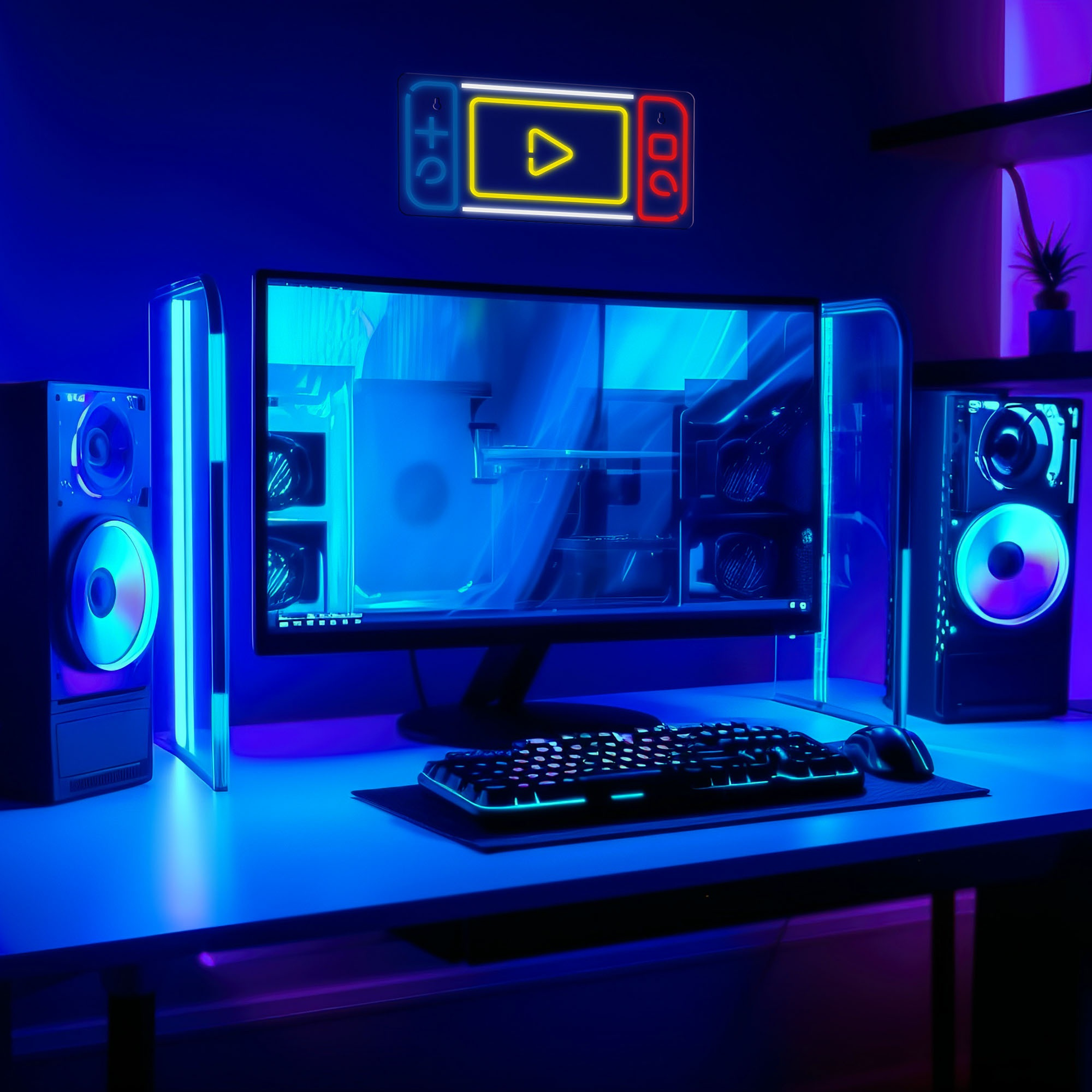 Konfiguracja do gier z monitorem, głośnikami i neonem.