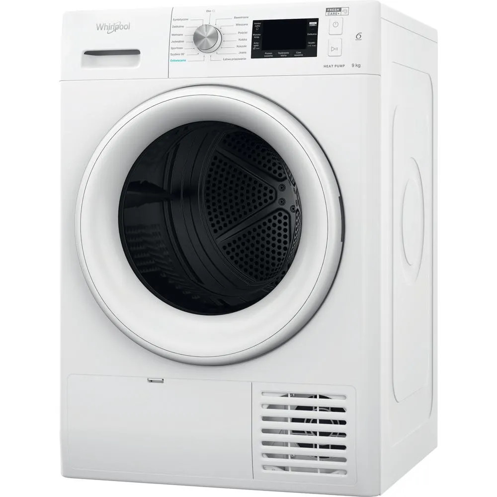 Biała suszarka z pompą ciepła Whirlpool, widok z przodu, białe tło.