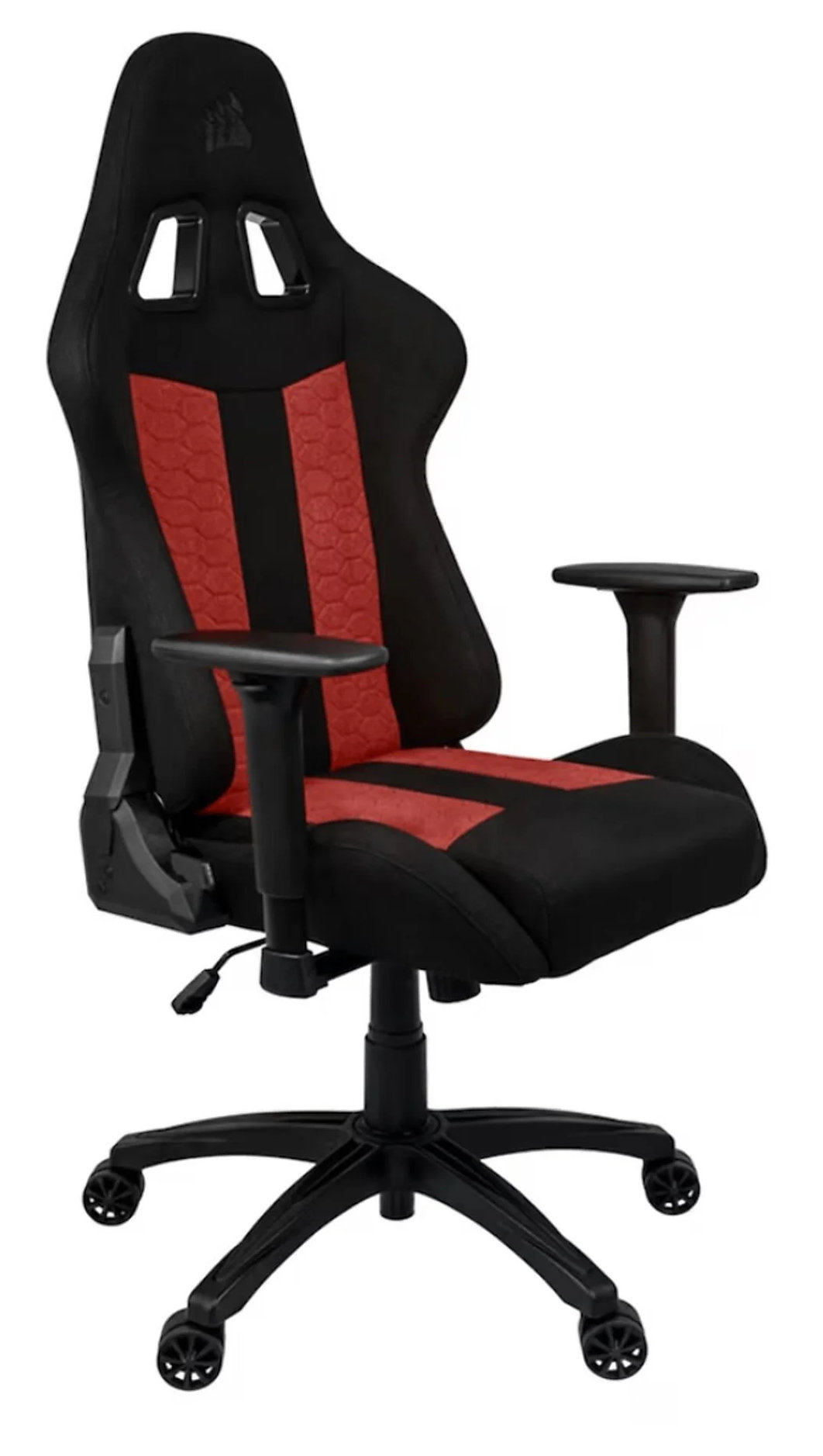 Czarny i czerwony fotel gamingowy z kółkami. Ergonomiczna konstrukcja, odizolowany na białym tle.