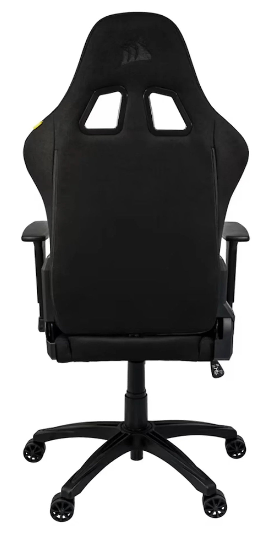 Widok z tyłu czarnego fotela gamingowego z zagłówkiem, podparciem lędźwiowym i czarną podstawą.