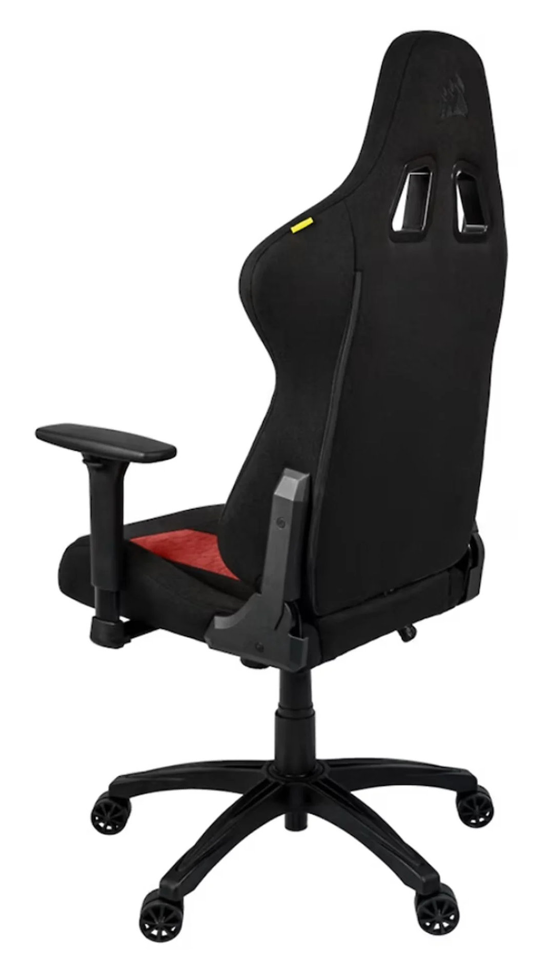 Czarny fotel gamingowy z czerwonym siedziskiem i czarnymi kółkami.