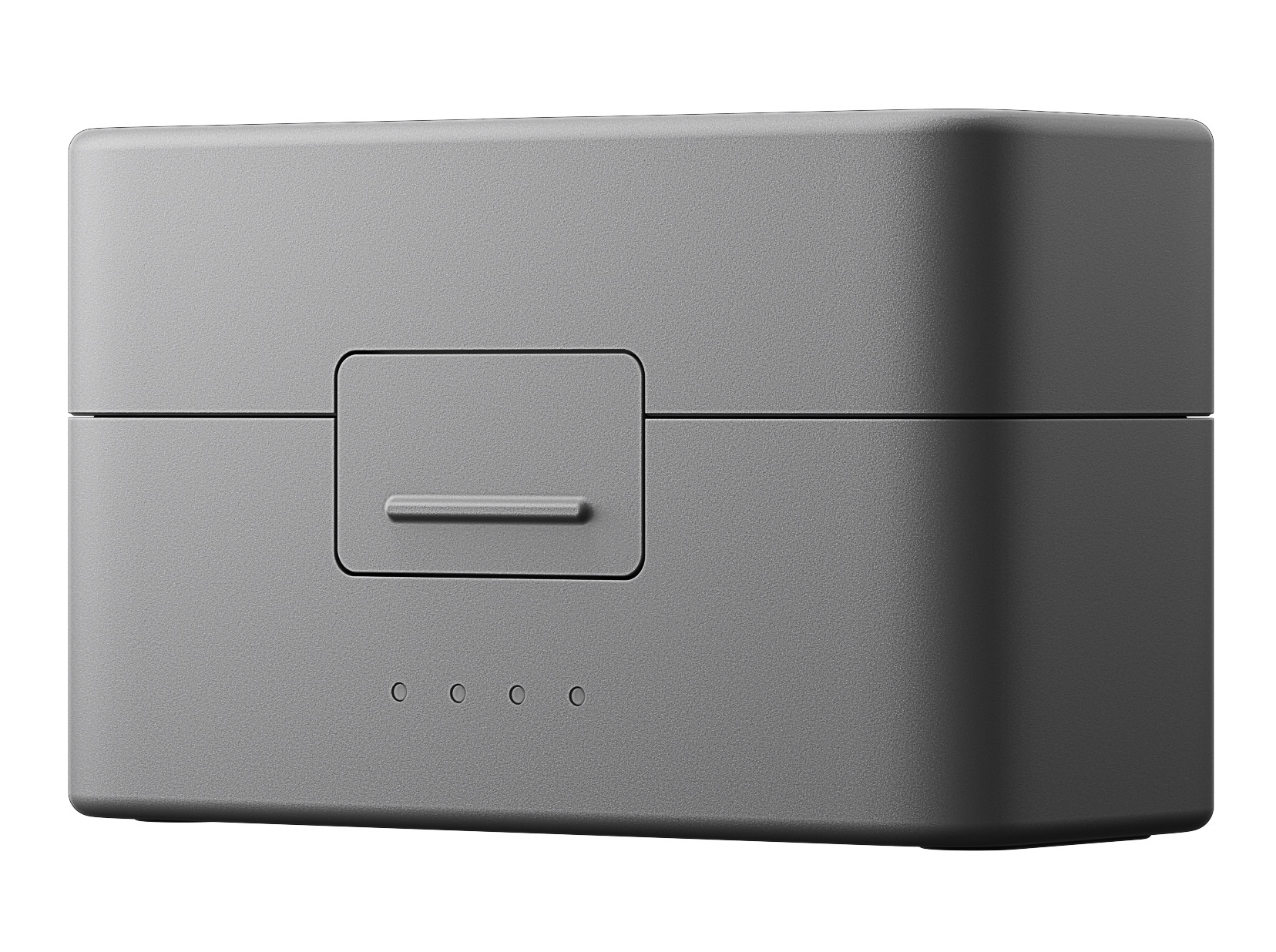 Szare, prostokątne etui ładujące z małą, wklęsłą pokrywą i trzema kropkami.