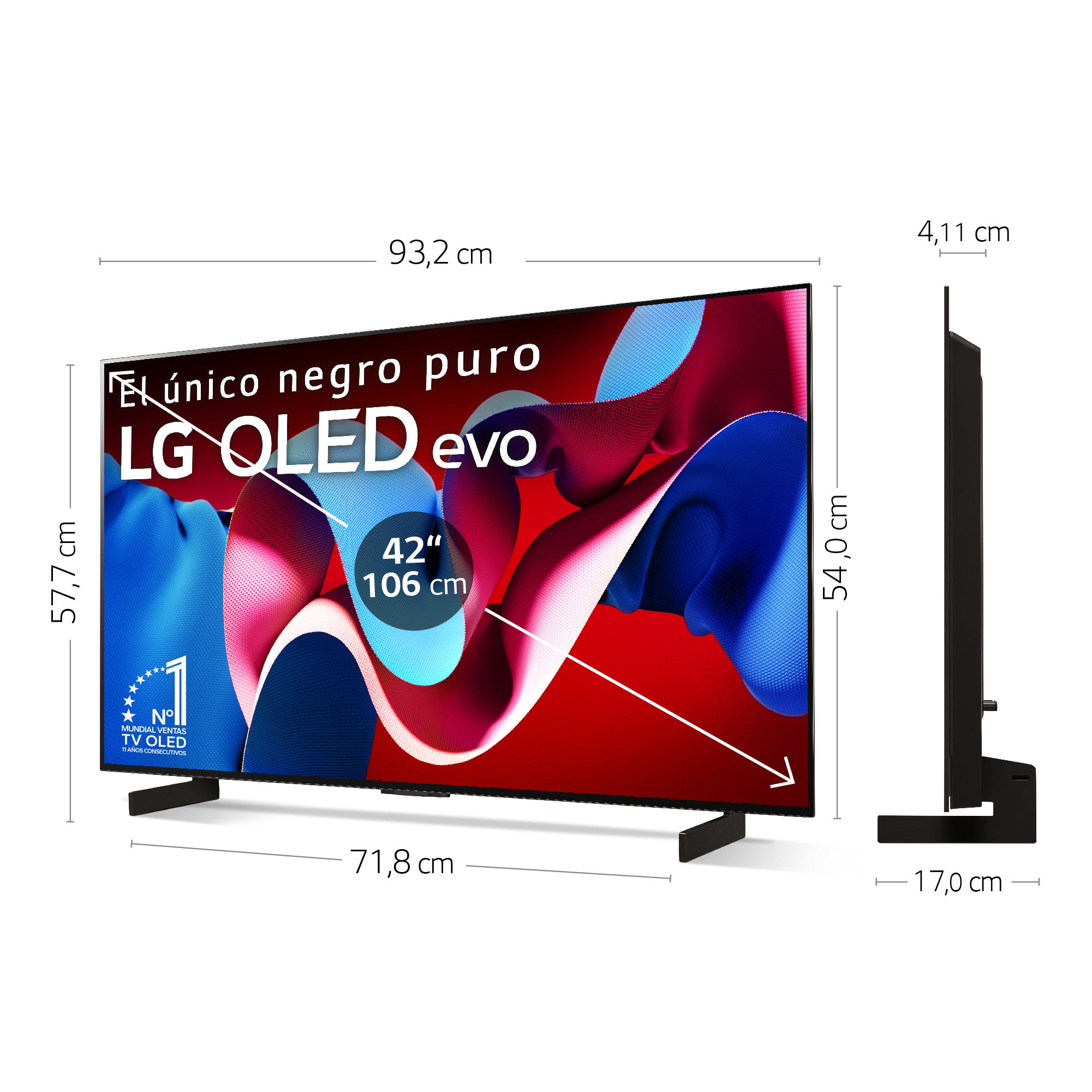 Un televisor LG OLED evo de 42 pulgadas con dimensiones. Muestra la pantalla del televisor, un soporte y el perfil lateral.