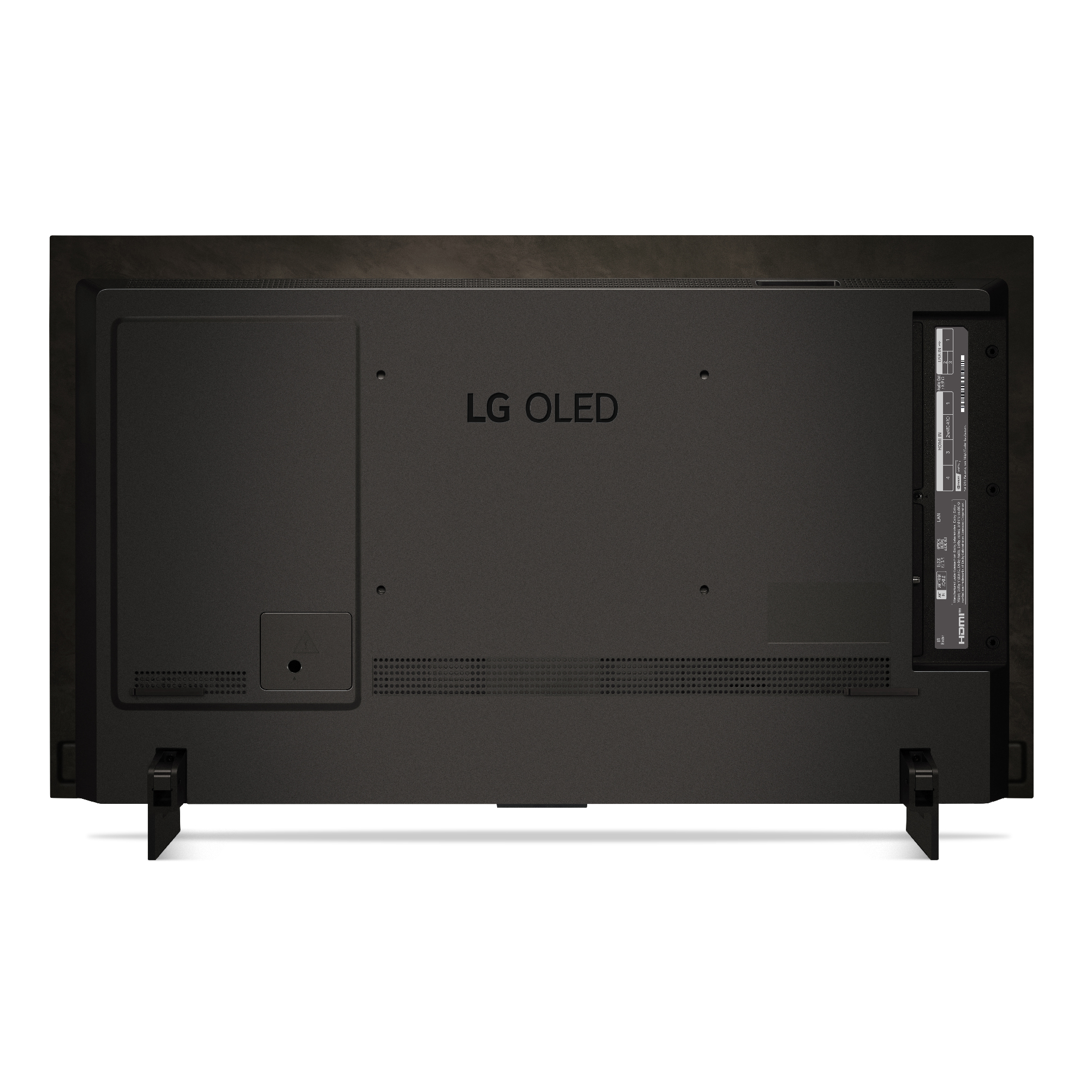Parte trasera de TV LG OLED. Logotipo y puertos visibles. Diseño minimalista.