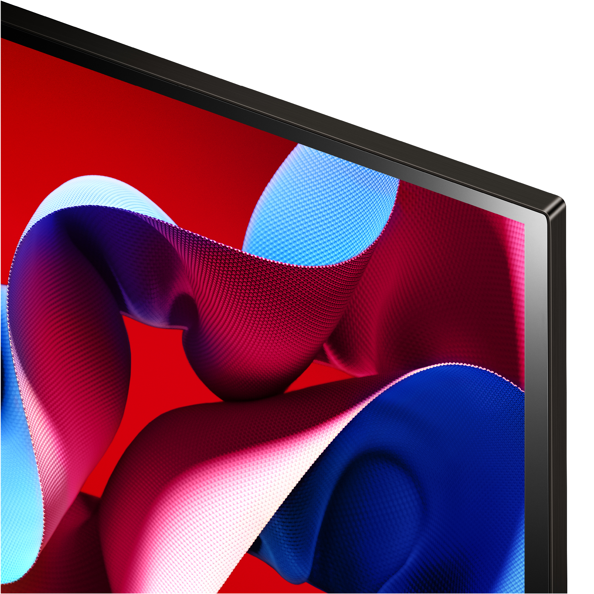 Primer plano de una pantalla de TV curva que muestra formas abstractas rojas, azules y moradas.