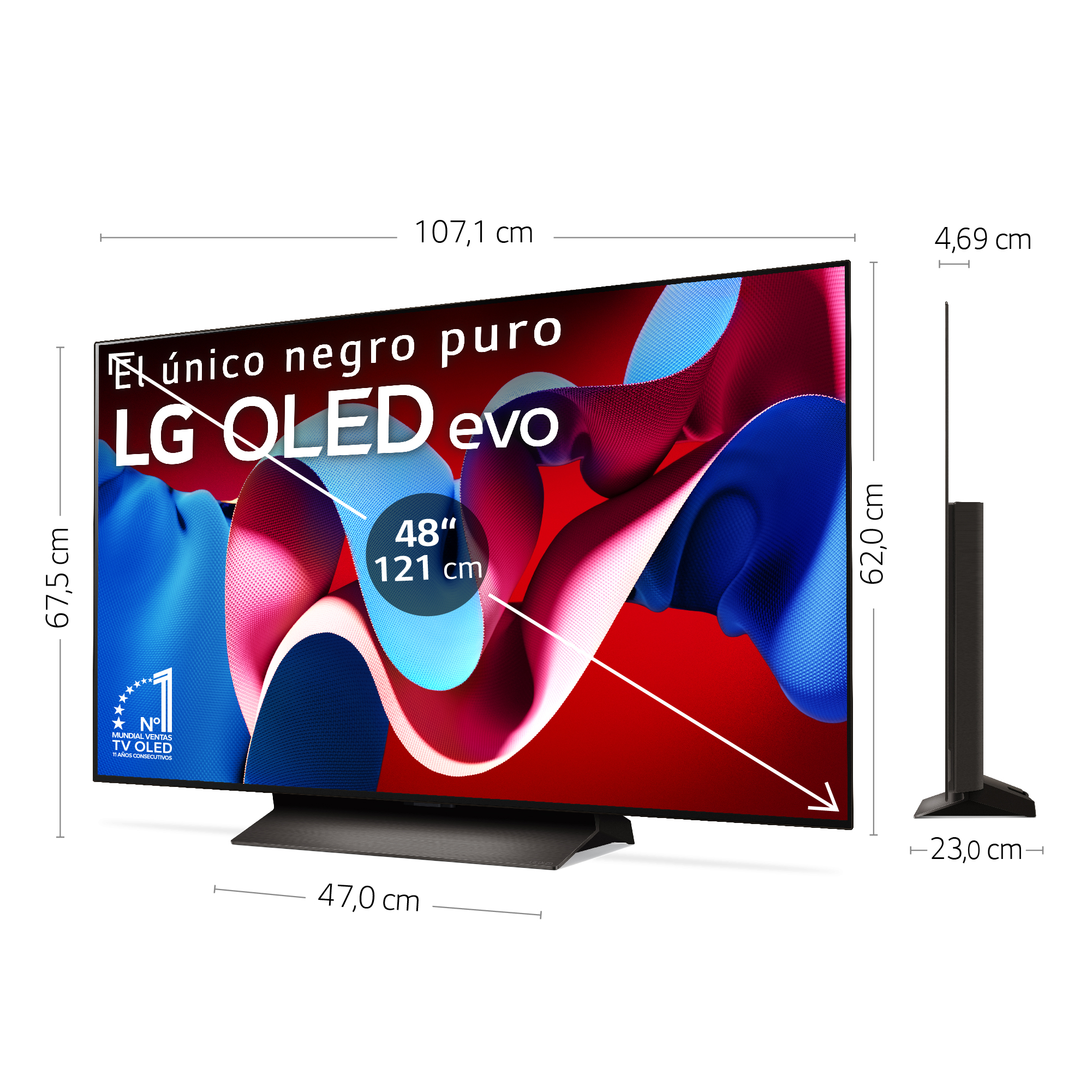 Un gran televisor LG OLED evo. Se muestran las dimensiones. La pantalla muestra una imagen abstracta colorida.