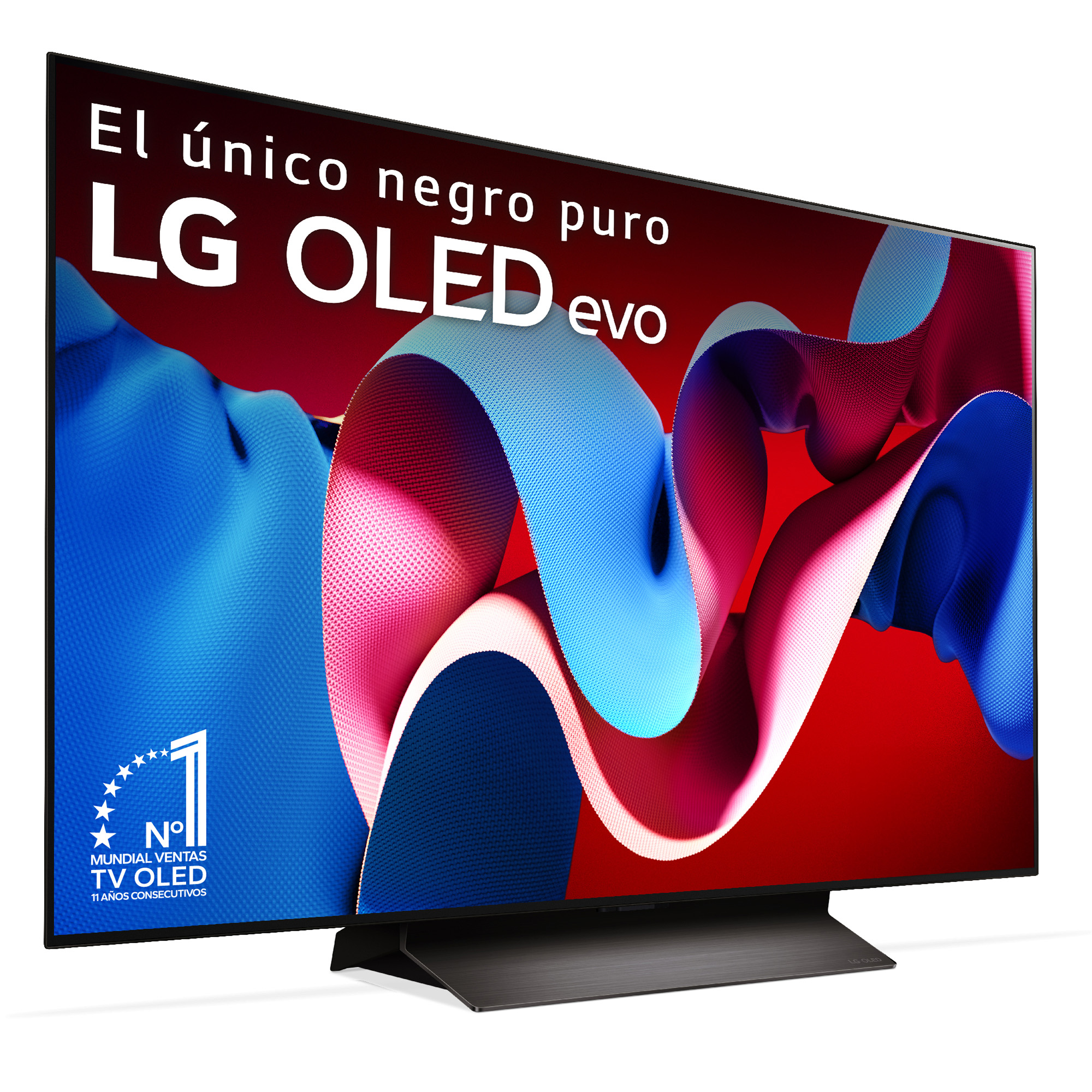 TV LG OLED evo mostrando arte abstracto. Texto: El único negro puro. Pantalla negra, roja, azul y blanca.