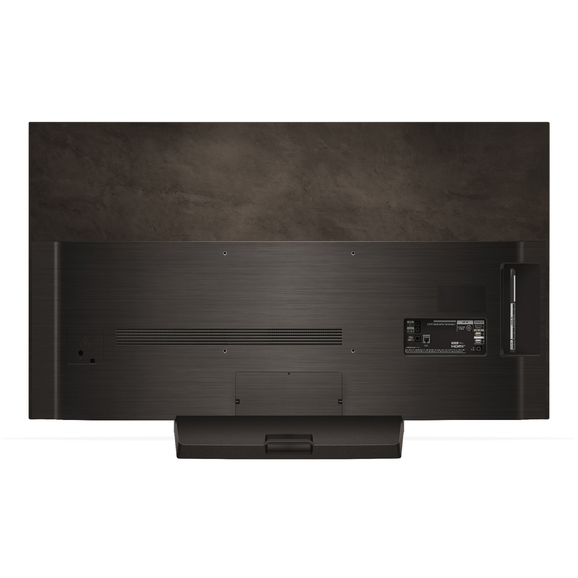 Parte trasera de un televisor negro que muestra puertos y conectores, montado en pared marrón oscuro.