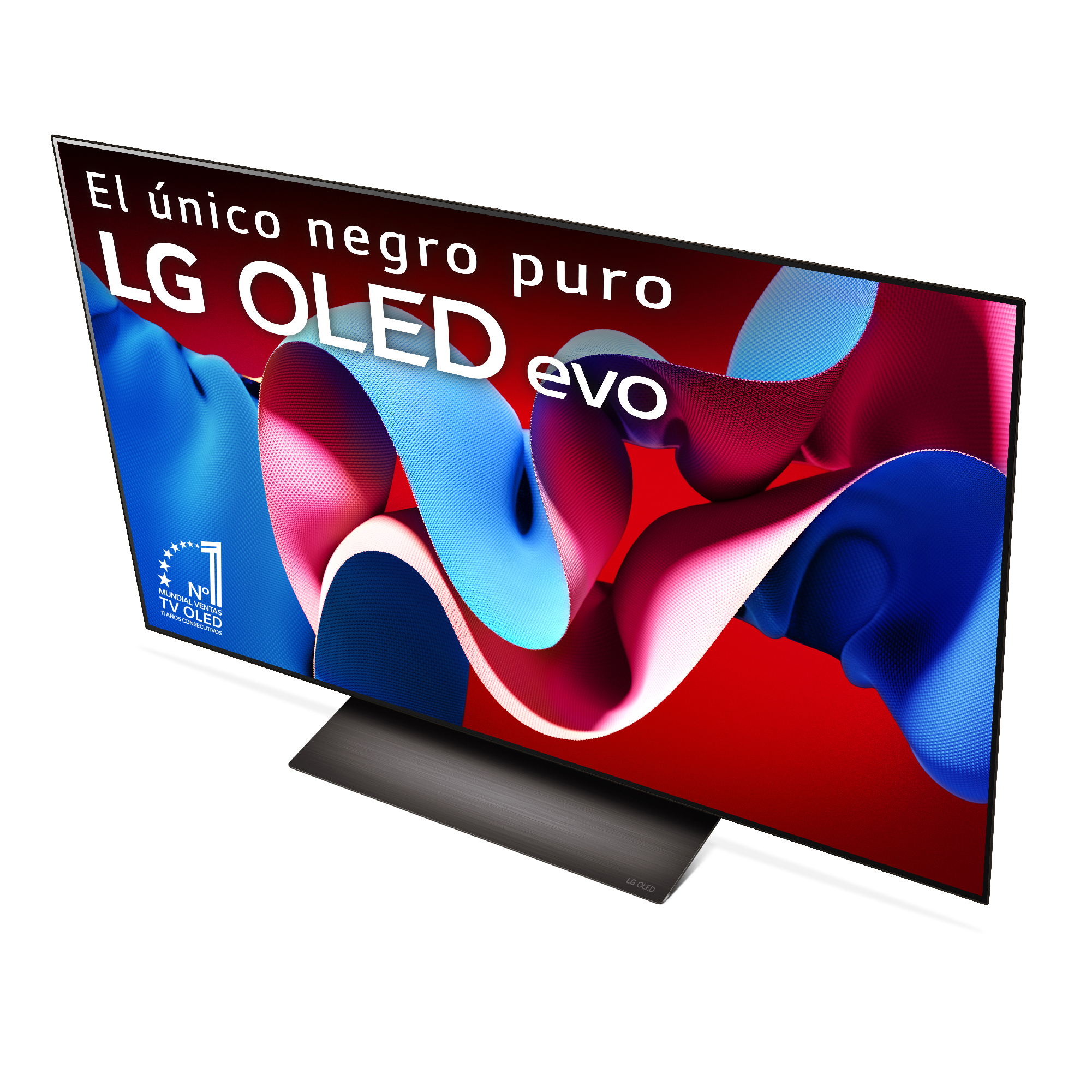 Una pantalla de TV LG OLED evo en ángulo con arte abstracto. Texto: El único negro puro.