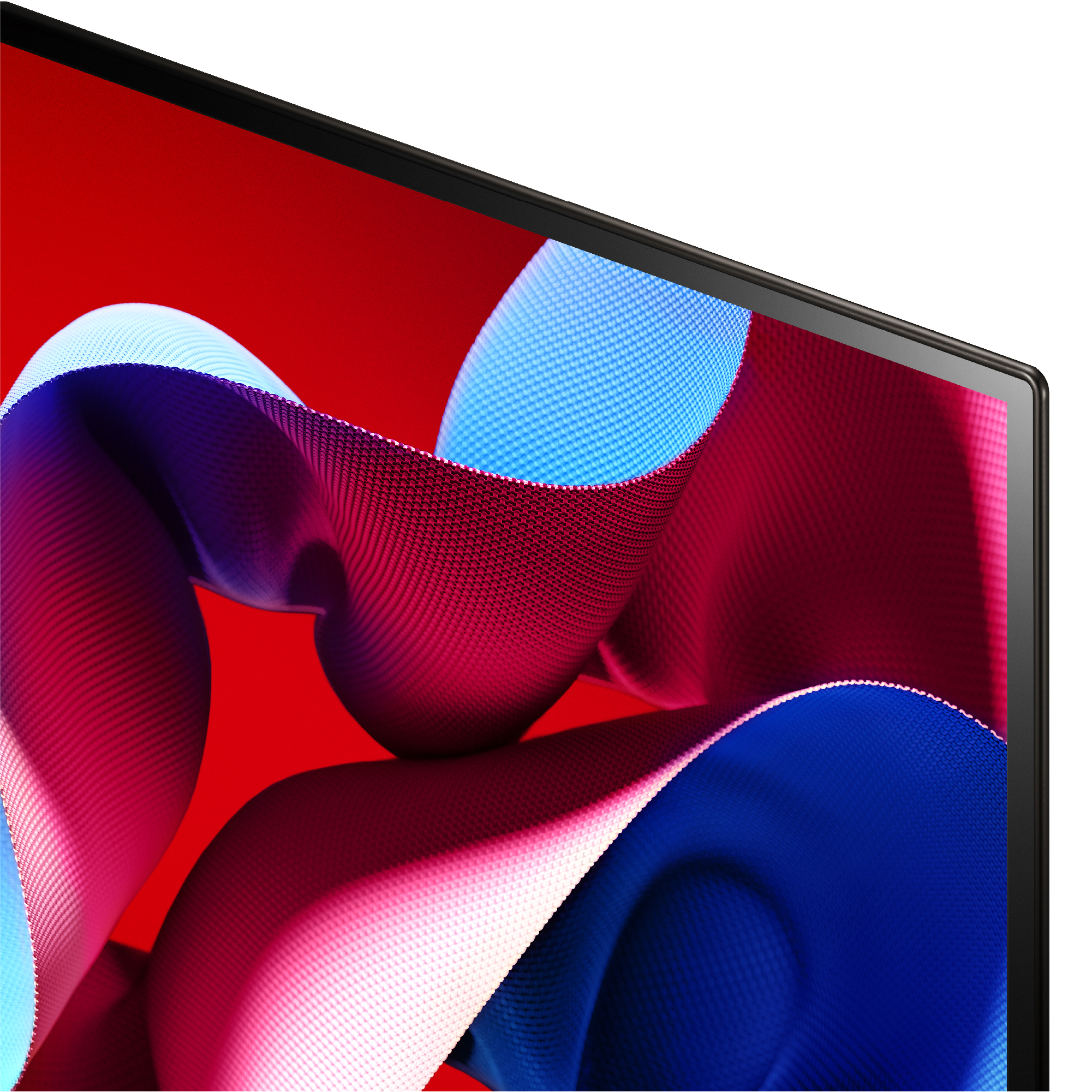 Primer plano de una pantalla de TV. Fondo rojo con formas abstractas azules y moradas. Marco negro.