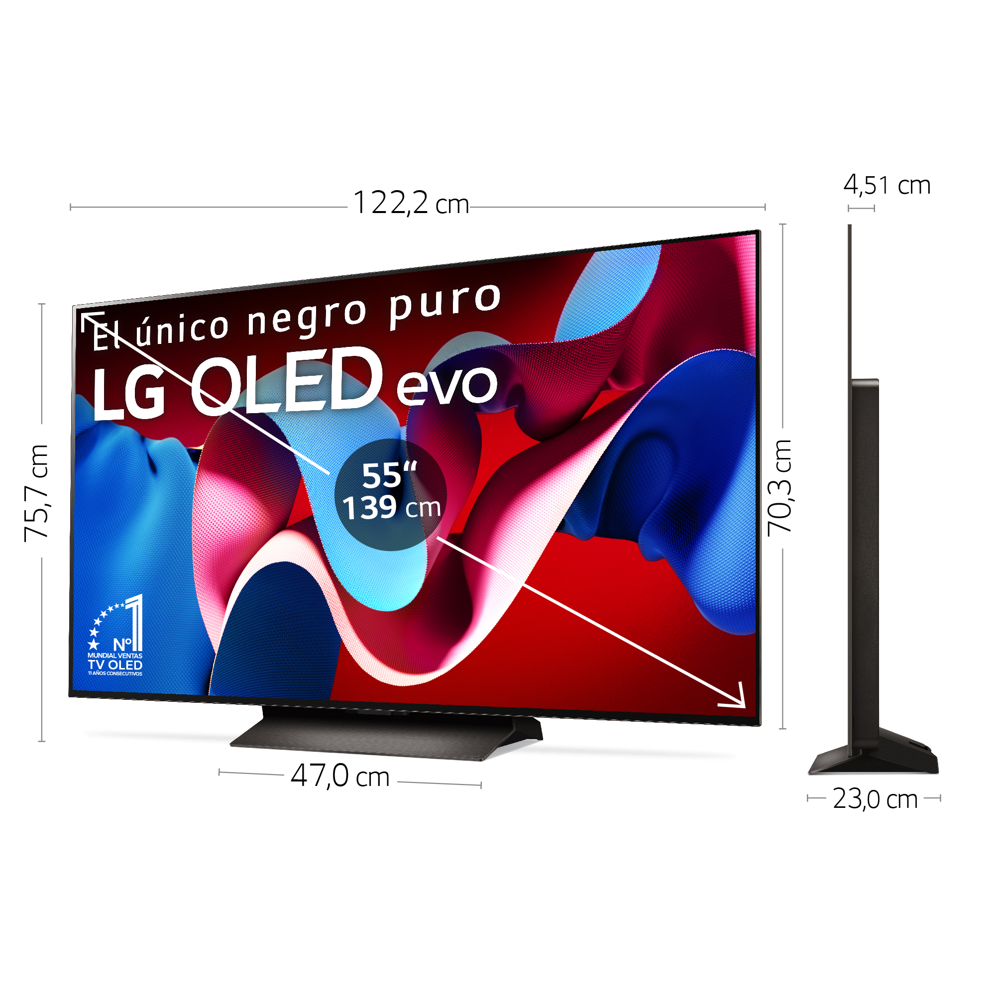 Un televisor LG OLED evo negro con una pantalla colorida, dimensiones mostradas.