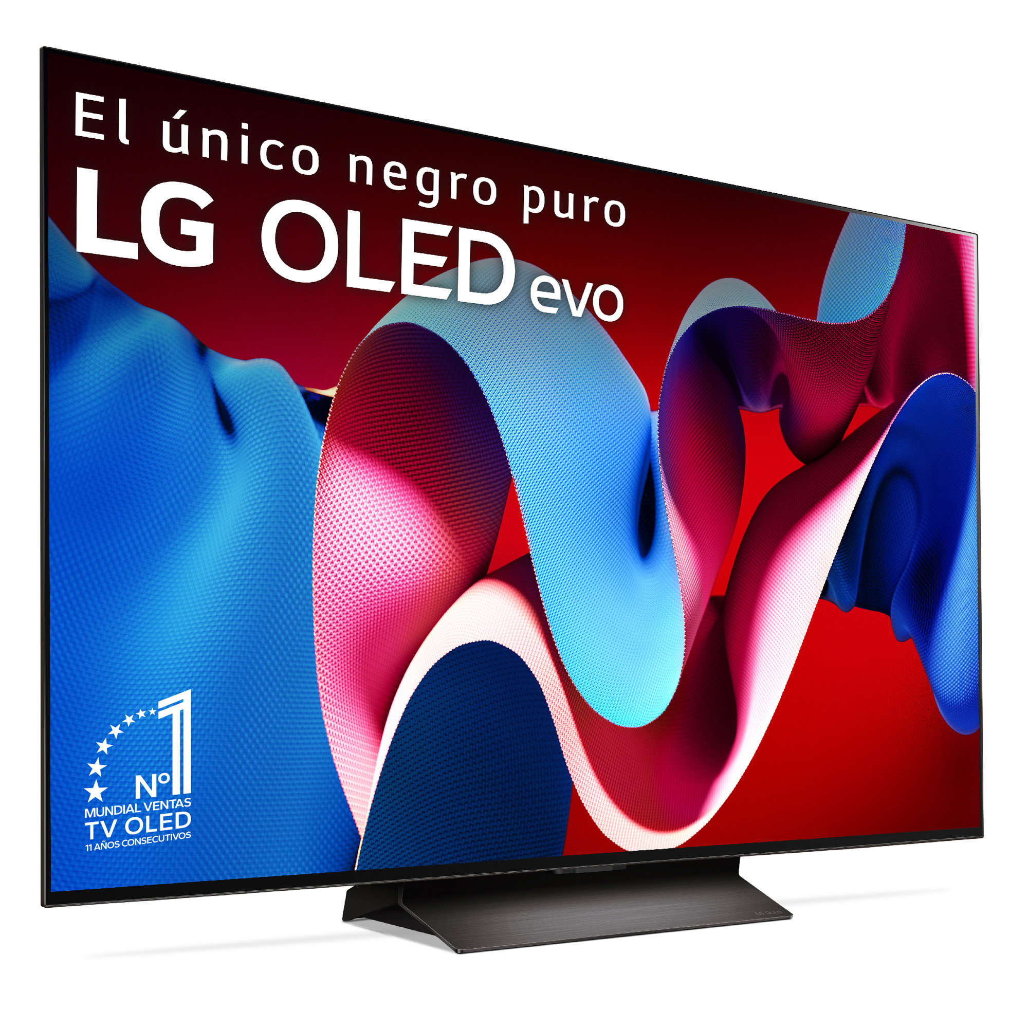 Pantalla de TV grande con texto. Diseños rojos, azules y blancos. Soporte de TV moderno.