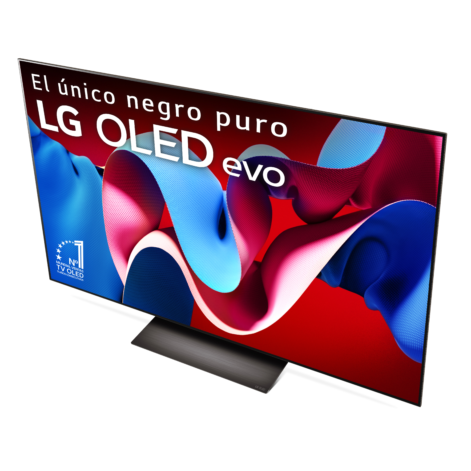TV LG OLED evo en ángulo, con fondo abstracto colorido y soporte.