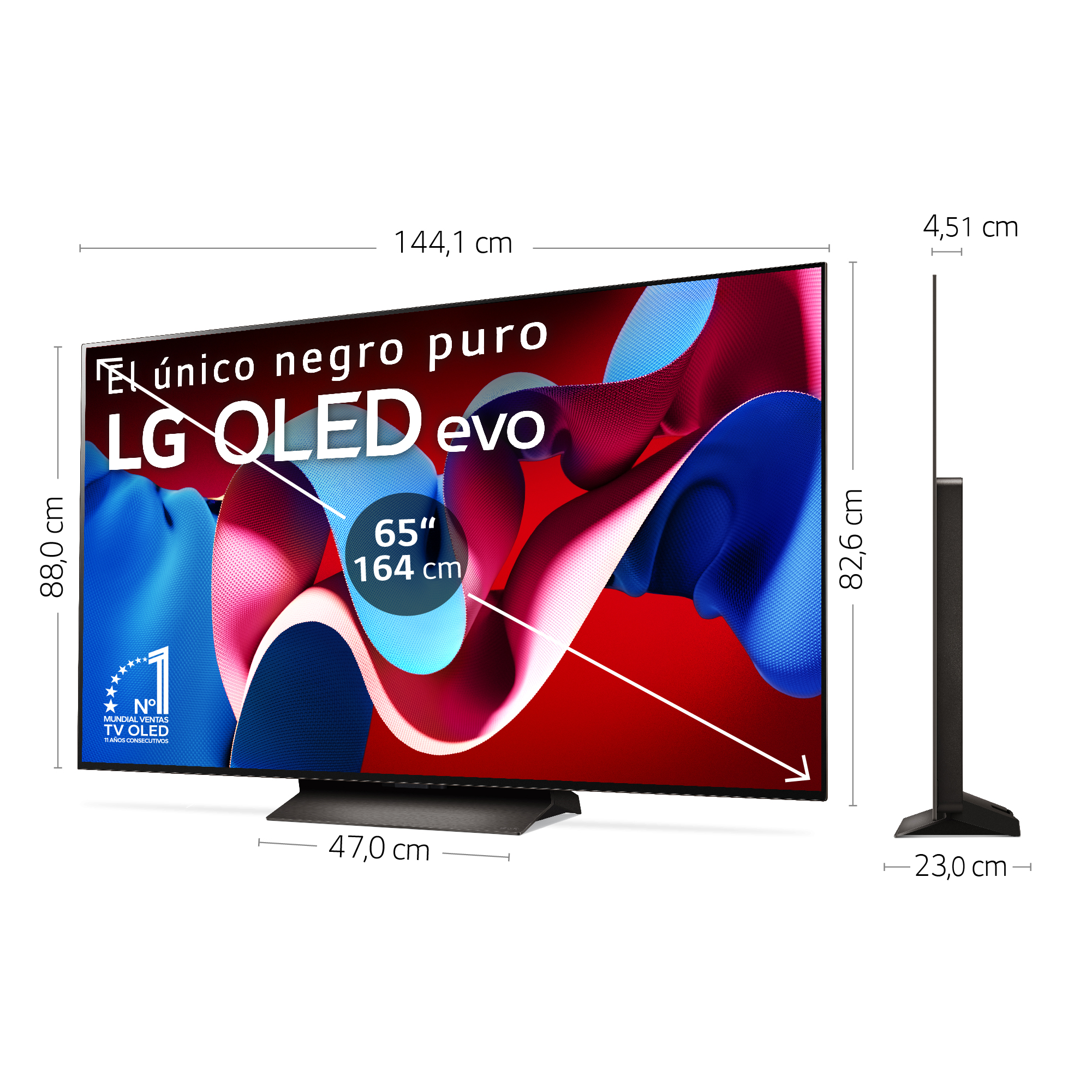 Televisor negro grande con dimensiones mostradas. La pantalla muestra arte abstracto.