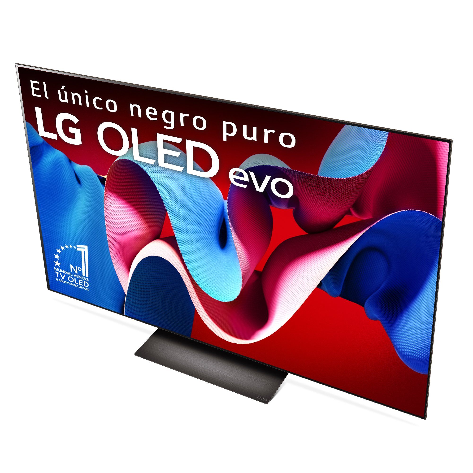 Un televisor LG OLED evo muestra una imagen vibrante con texto superpuesto y un soporte negro.