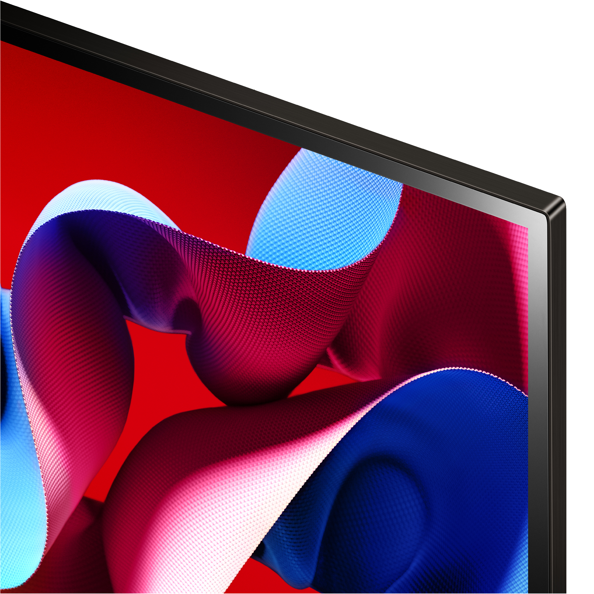 Primer plano de una esquina de monitor, que muestra un diseño abstracto rojo y azul y un marco negro.