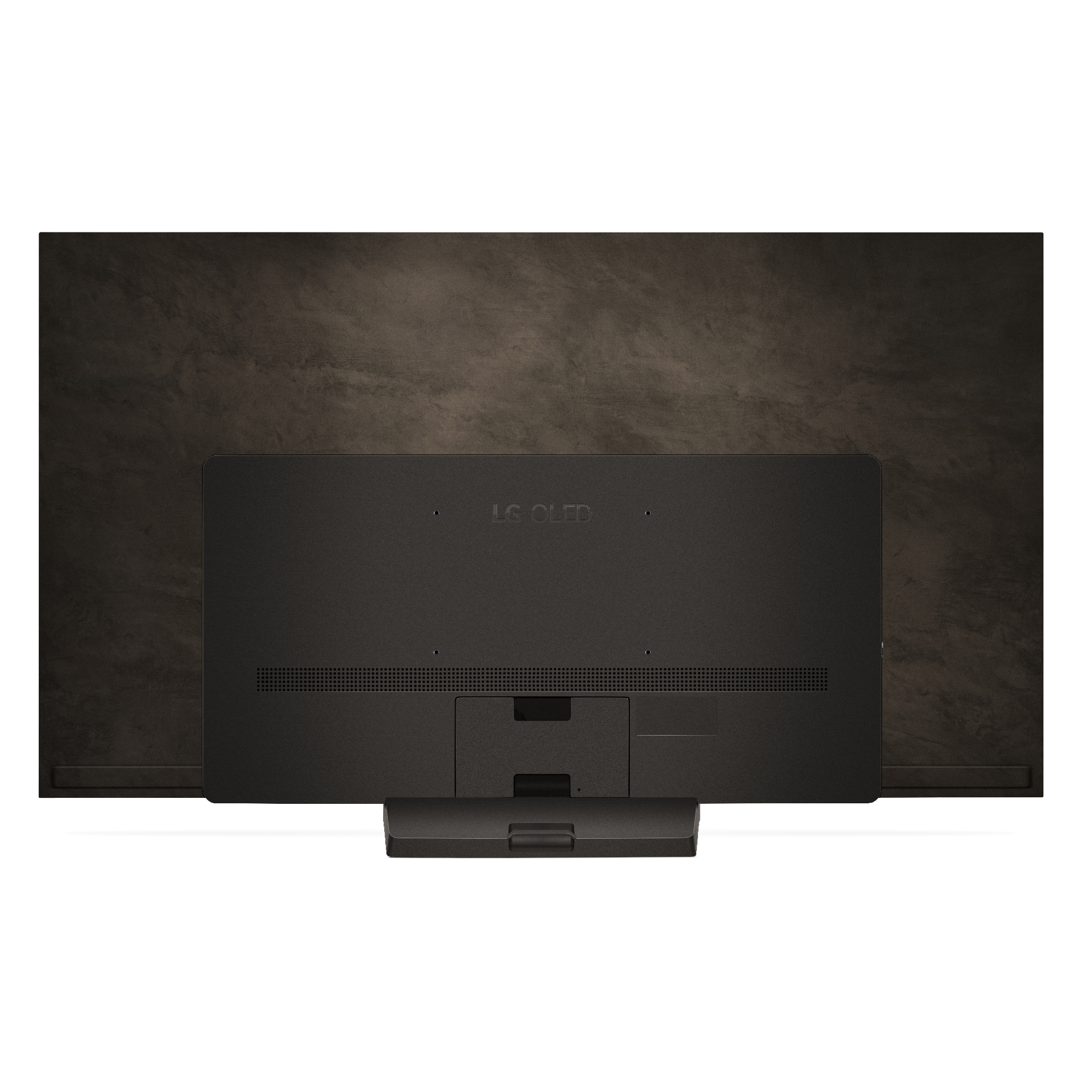 Vista trasera de TV LG OLED. Parte trasera marrón oscuro con soporte y puertos.