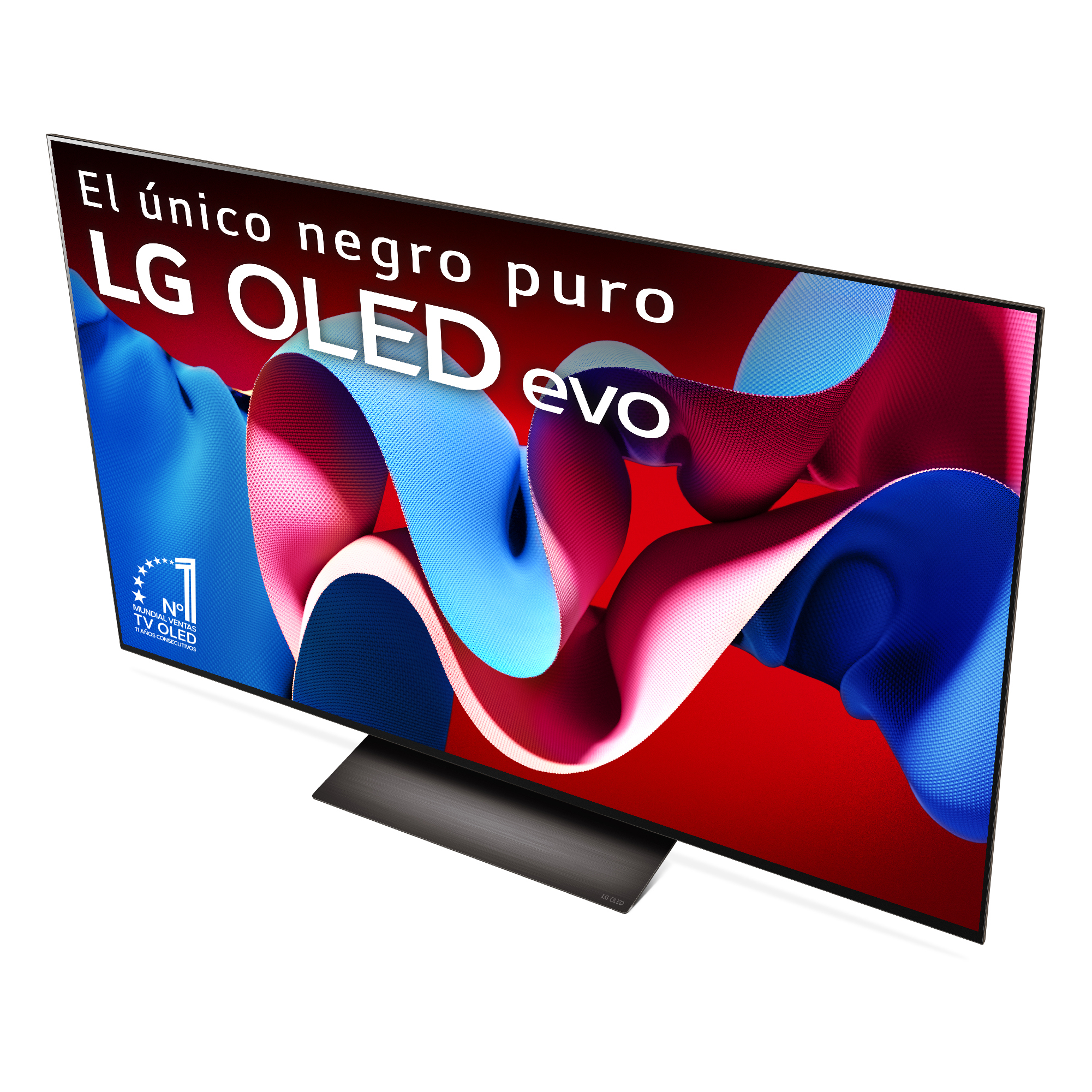 Una vista superior de un televisor LG OLED evo. Muestra una imagen abstracta colorida en la pantalla.
