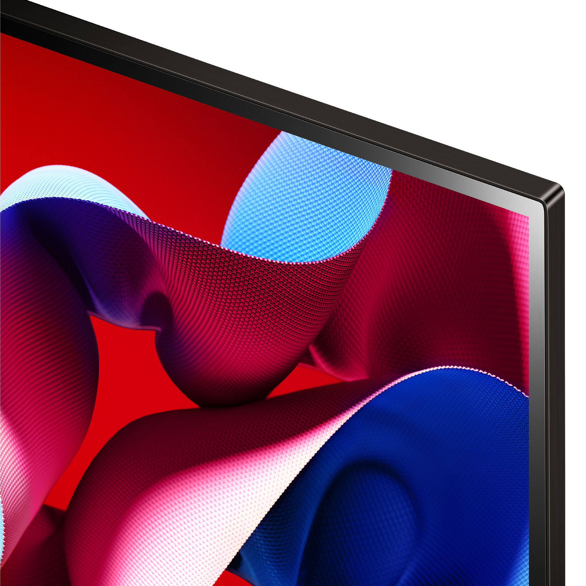 Primer plano de una pantalla de TV, formas abstractas rojas y azules.