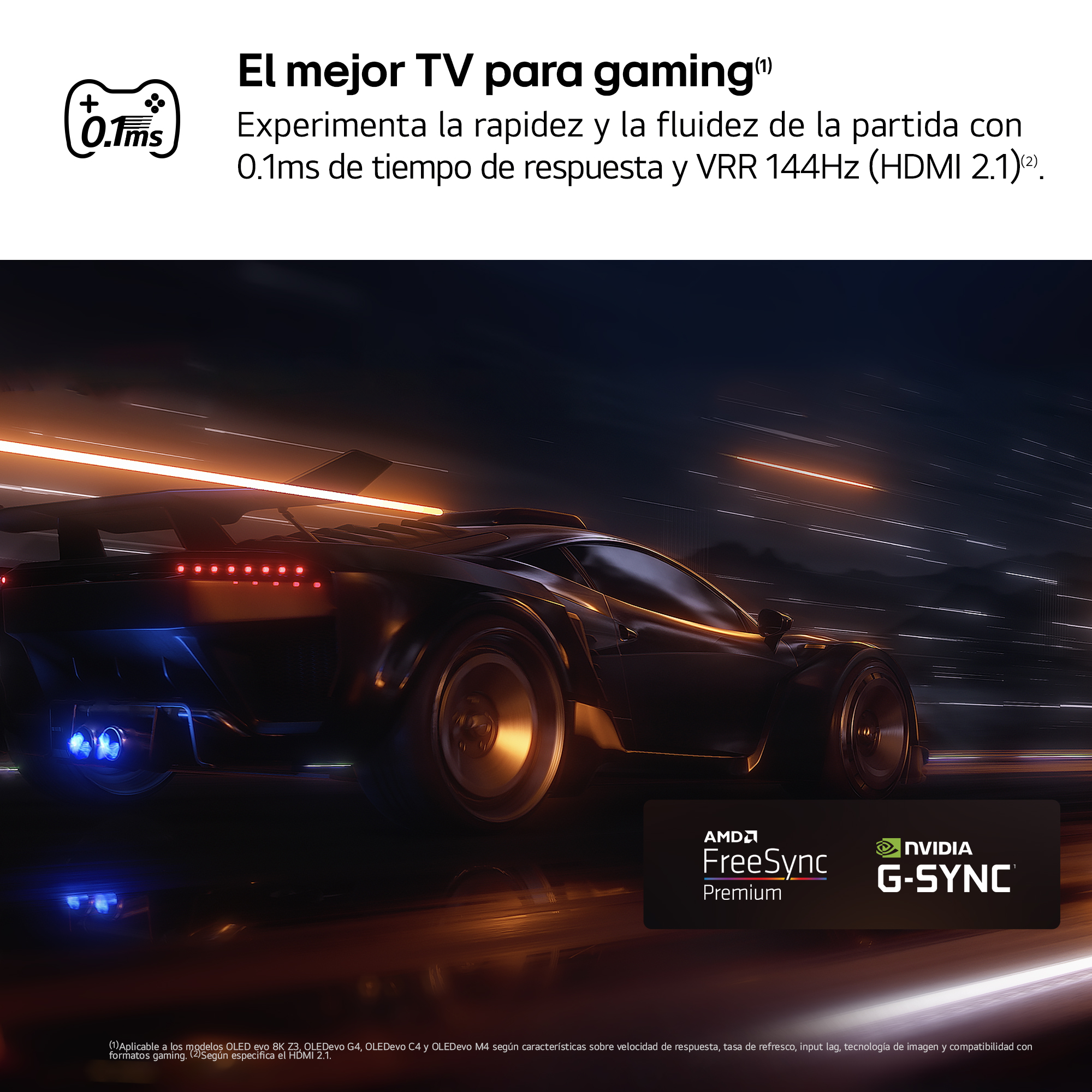 Un coche deportivo corriendo en una pista, con un televisor para juegos de fondo.