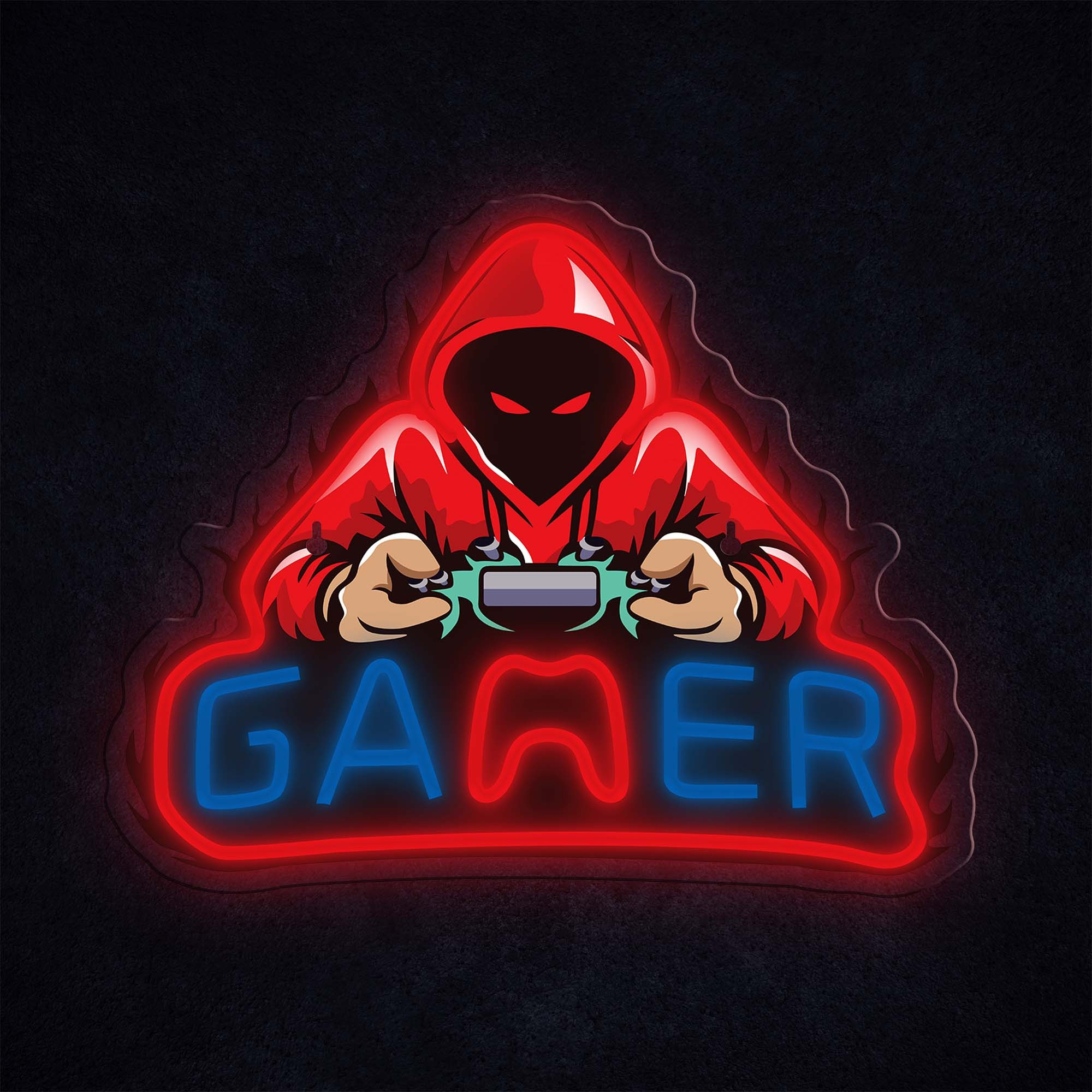 Neonowy znak z postacią w kapturze trzymającą kontroler do gier. Poniżej słowo 'GAMER'.