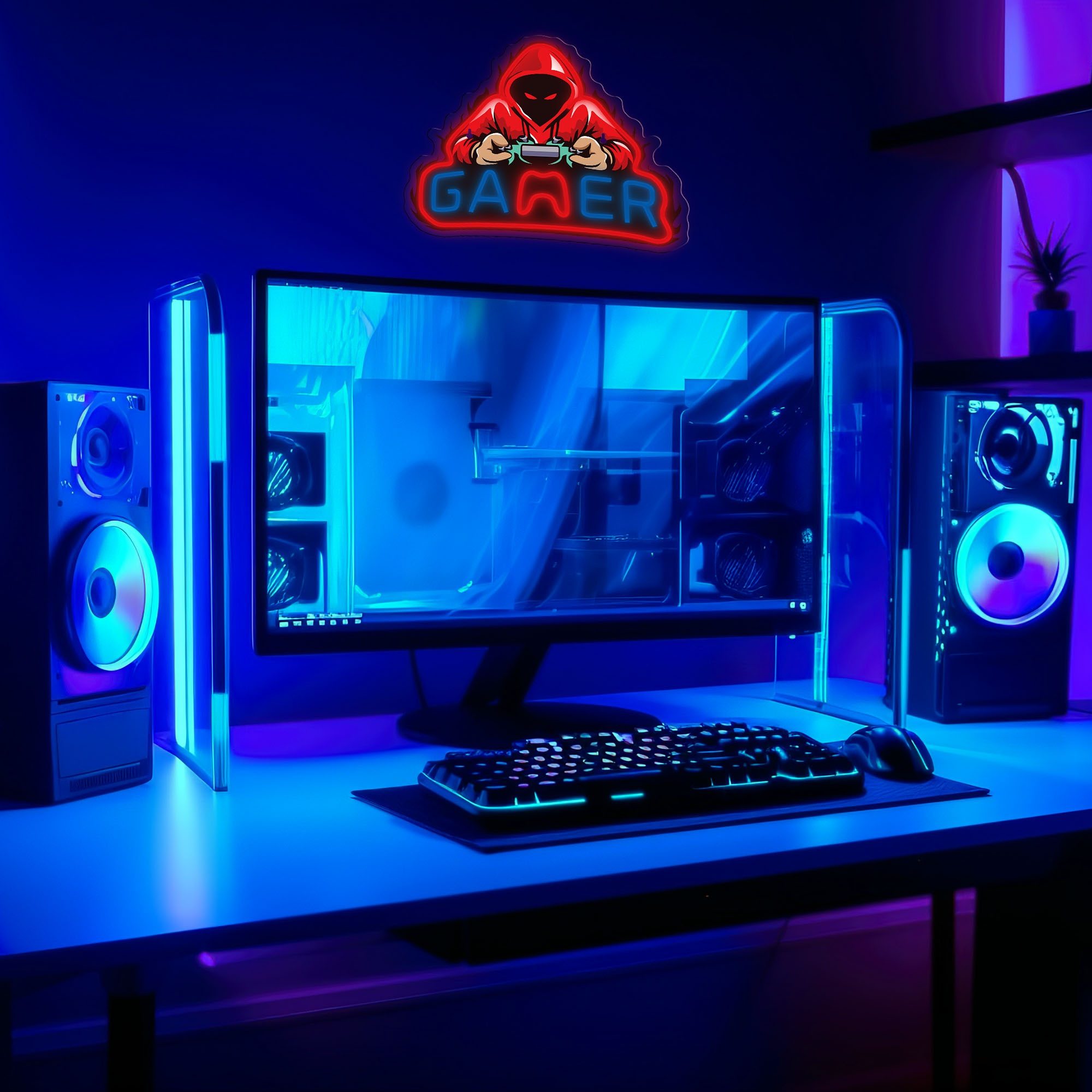 Konfiguracja do gier z monitorem, klawiaturą, głośnikami i neonowym znakiem 'Gamer' na niebieskiej ścianie.