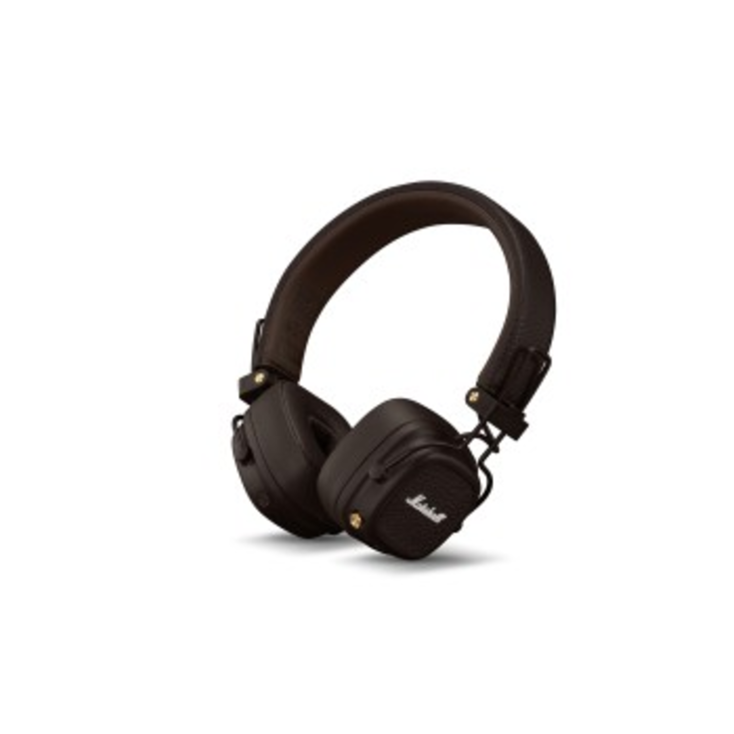 Black Marshall headphones on white background.