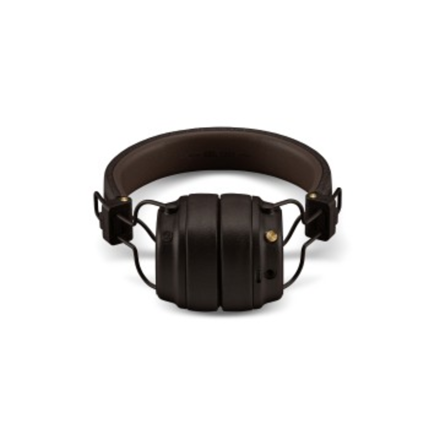 Black over-ear headphones with brown ear pads. The headband is black, and the design is simple.