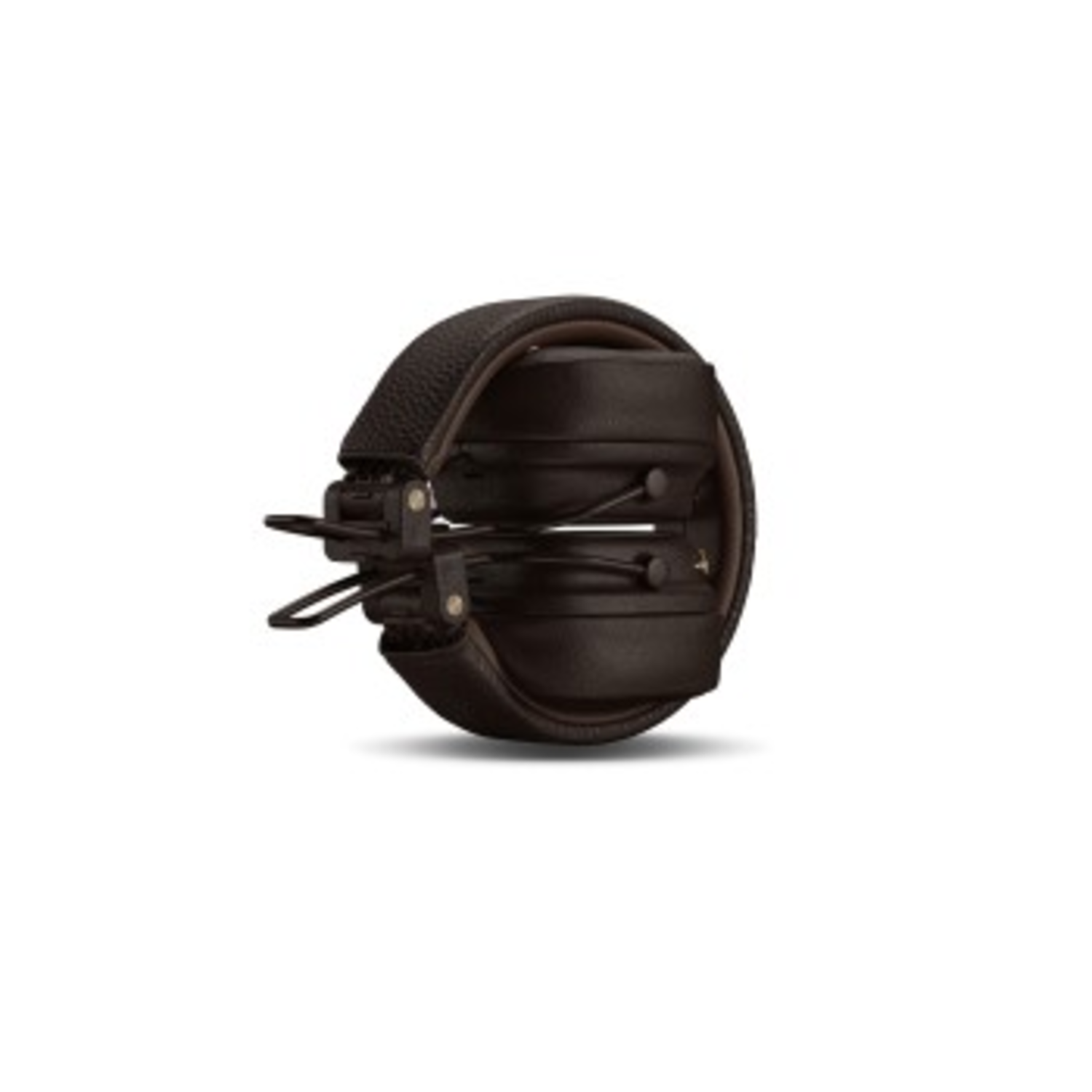 Folded dark brown Marshall headphones on a white background. The headphones are leather.