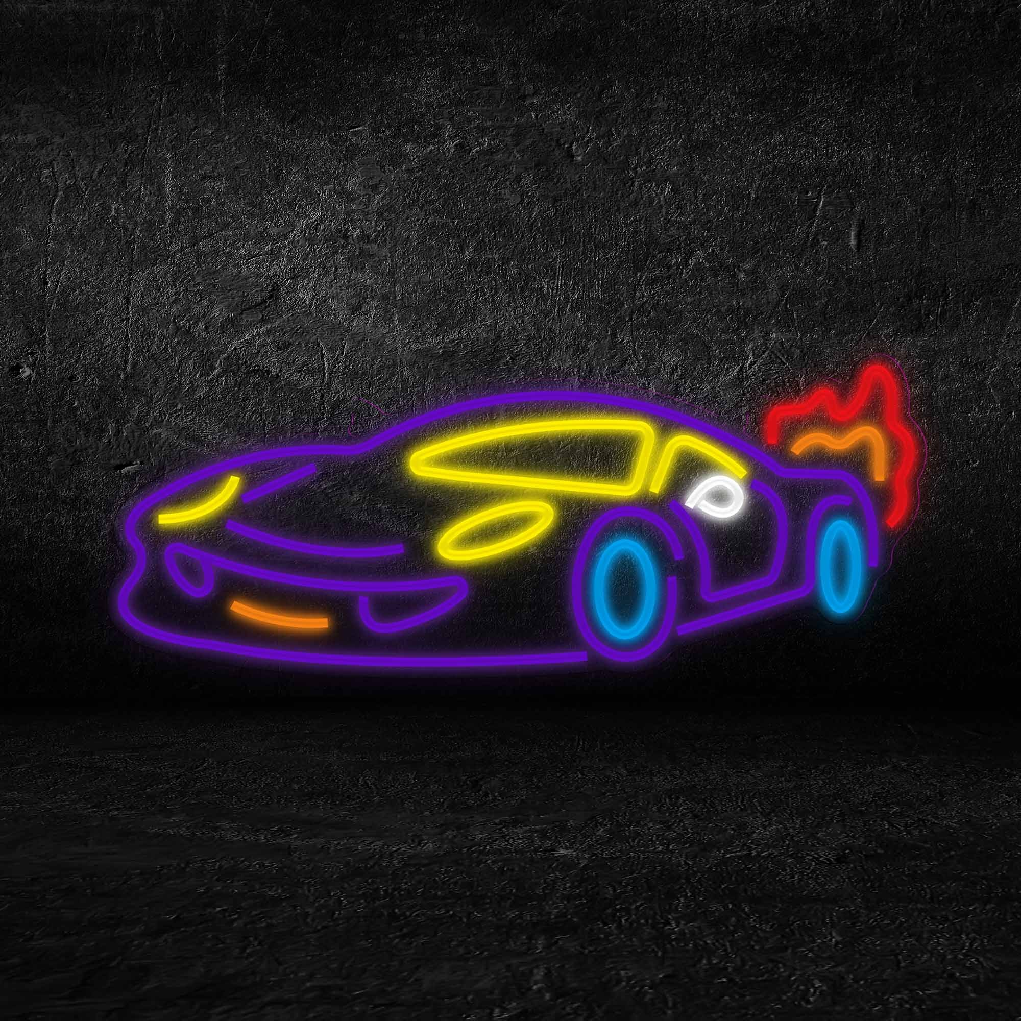 Neonowy zarys samochodu na czarnej ścianie. Samochód jest fioletowy, żółty, niebieski i pomarańczowy.