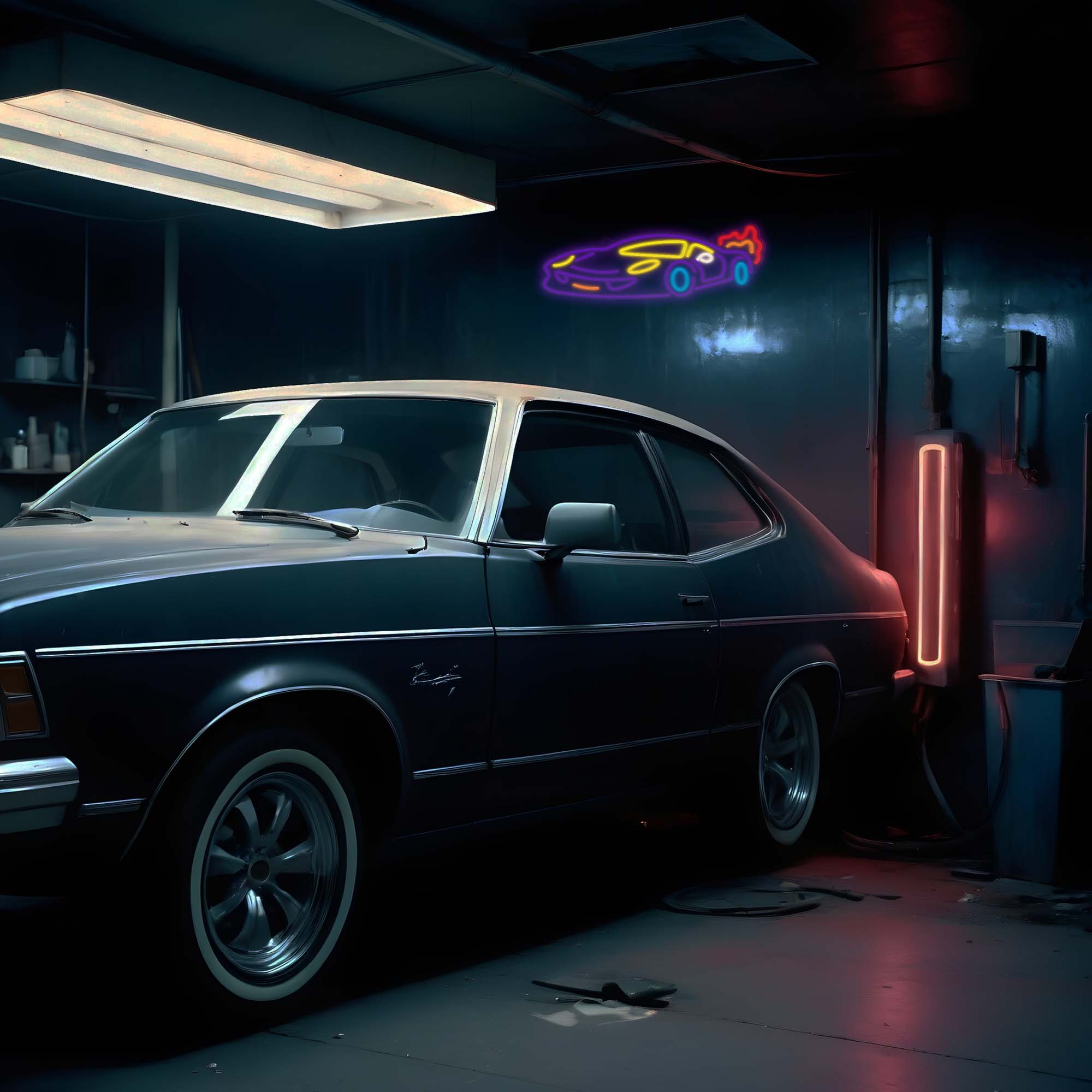 Ciemnoniebieski samochód w garażu z neonem i różnymi narzędziami wokół niego.
