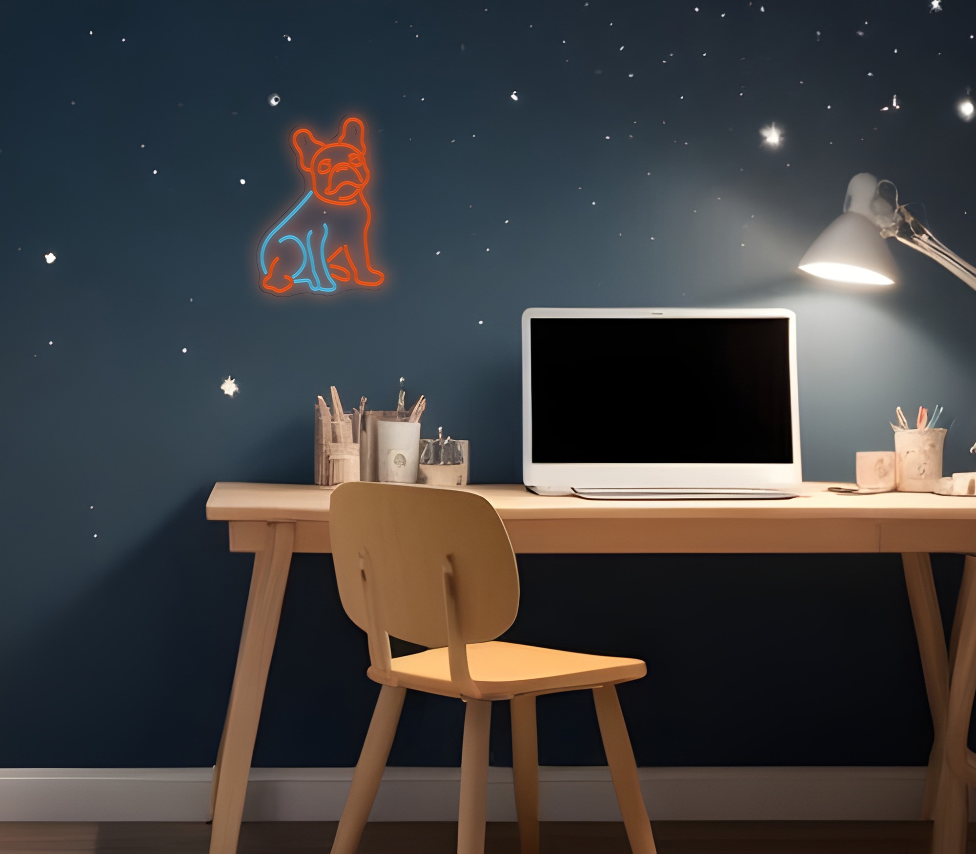 Biurko z laptopem, neonowym buldogiem i lampą biurkową, na tle gwiaździstej niebieskiej ściany.