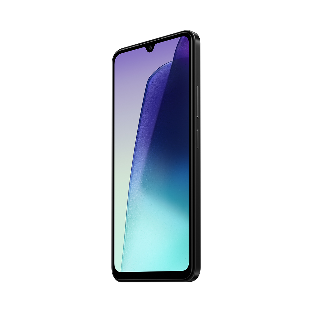 Renkli ekranlı siyah akıllı telefon. Yan görünüm. Beyaz arka plan.