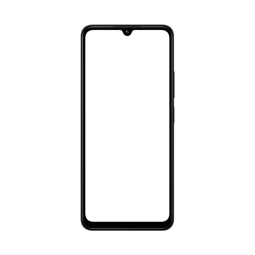 Beyaz ekranlı siyah akıllı telefon. Telefonun ön kamerası var.