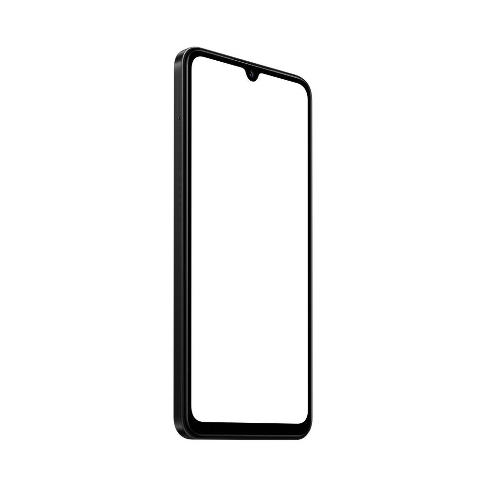 Beyaz bir arka plan üzerinde, yan taraftan görünen beyaz ekranlı siyah bir akıllı telefon.