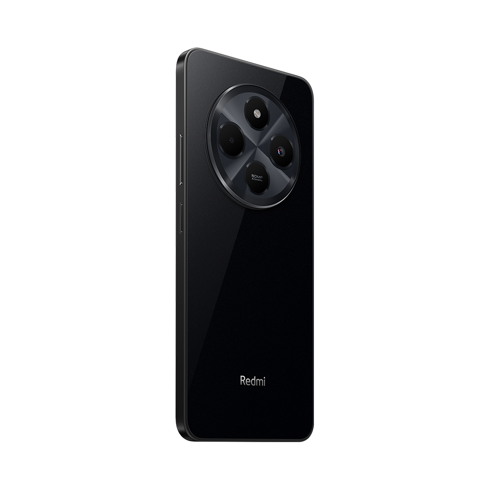 Beyaz zemin üzerinde siyah akıllı telefon. Üçlü kamera ve Redmi logosu.