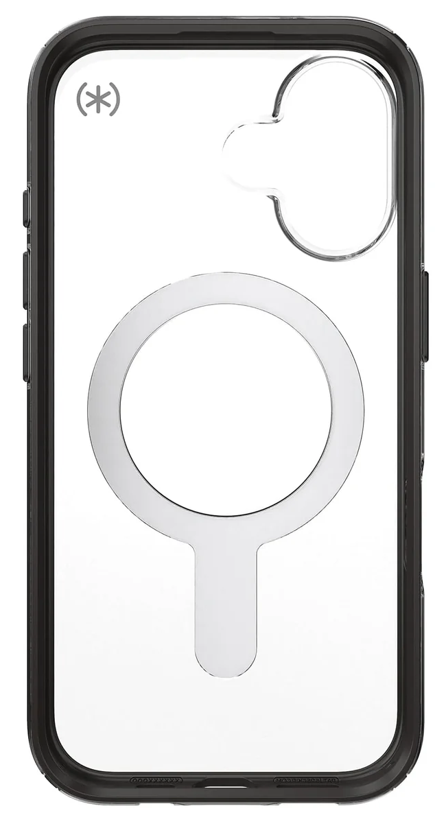 Egy telefontok átlátszó hátlappal és fekete kerettel. A tok MagSafe gyűrűvel rendelkezik.