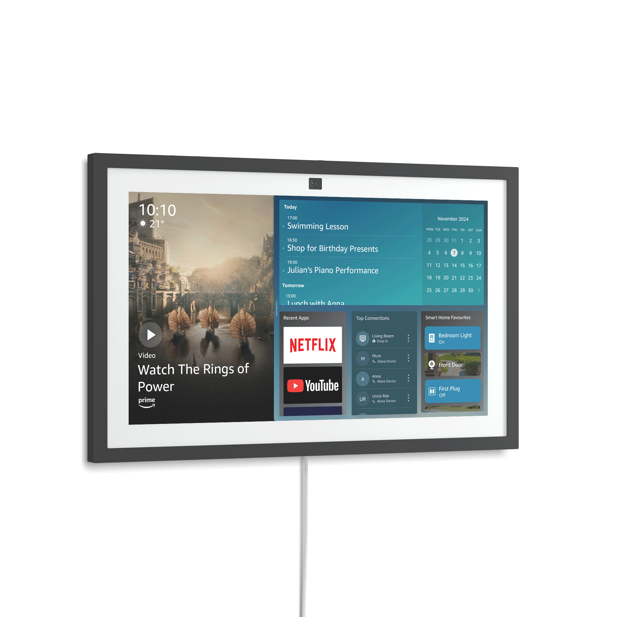 Ein Smart-Display mit schwarzem Rahmen, das Informationen und eine Kamera zeigt.