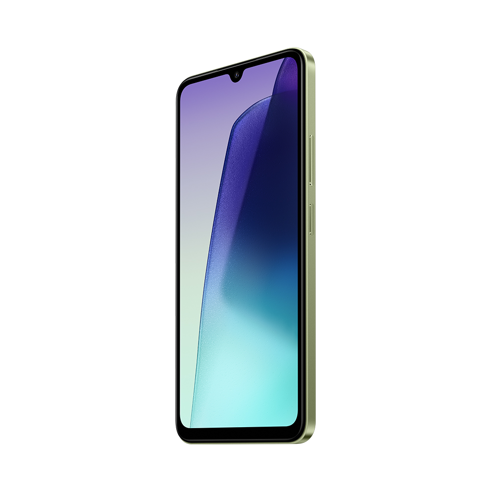 Yeşil bir akıllı telefon profilden. Ekran renk geçişi ve bir kamera deliği gösteriyor.