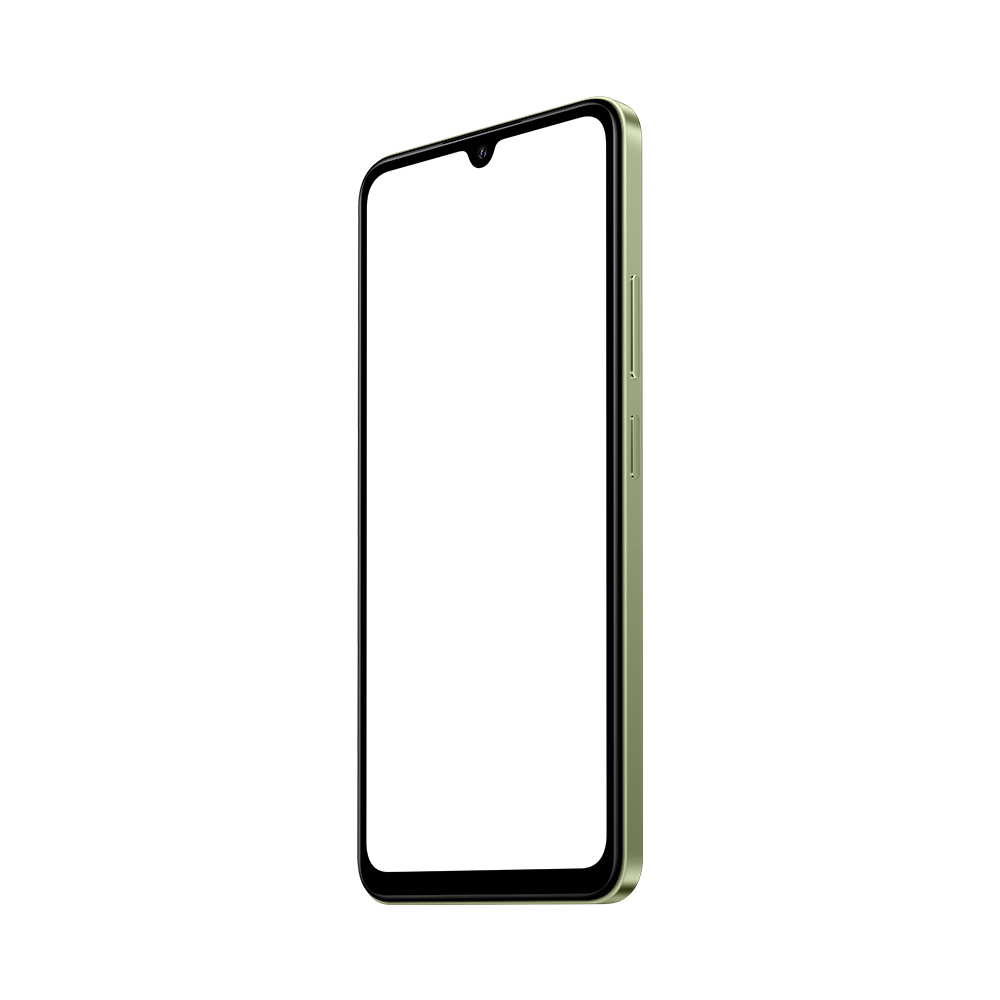 Zeytin yeşili akıllı telefon, açılı görünüm. Ekran boş ve beyaz.