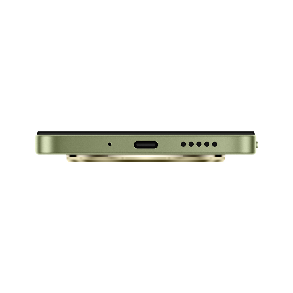 Bir telefonun alt kenarının yakın çekimi. Bir USB-C bağlantı noktası, hoparlör delikleri ve bir mikrofon deliği vardır.