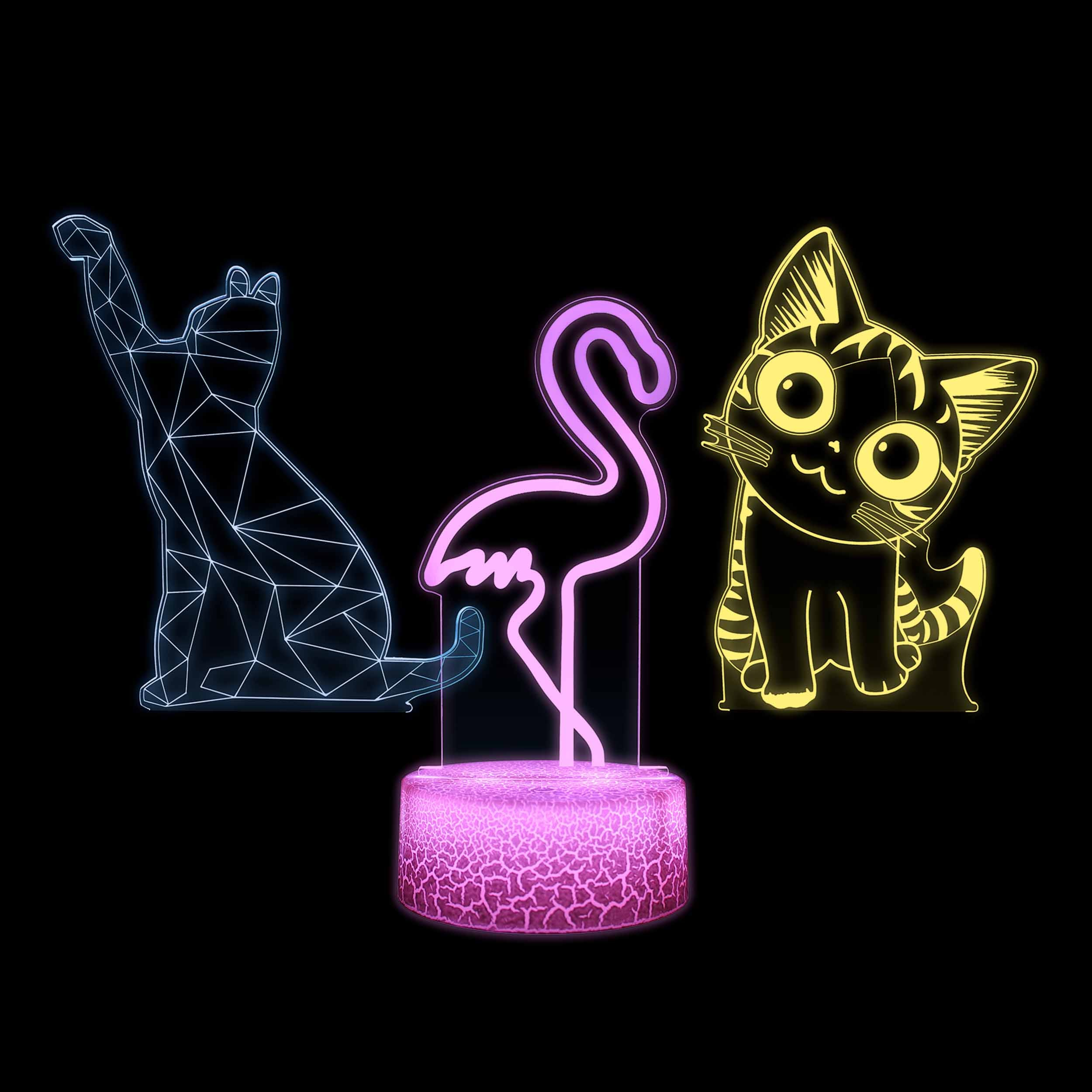 Trzy neonowe figury zwierząt: Kot, flaming, kot. Różowa podstawa, czarne tło.