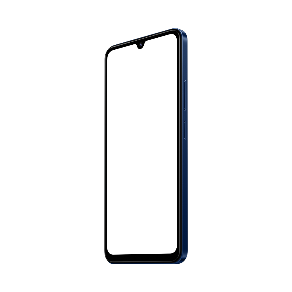 Beyaz ekranlı mavi akıllı telefon, yandan görünüm. Şık ve modern bir tasarım.